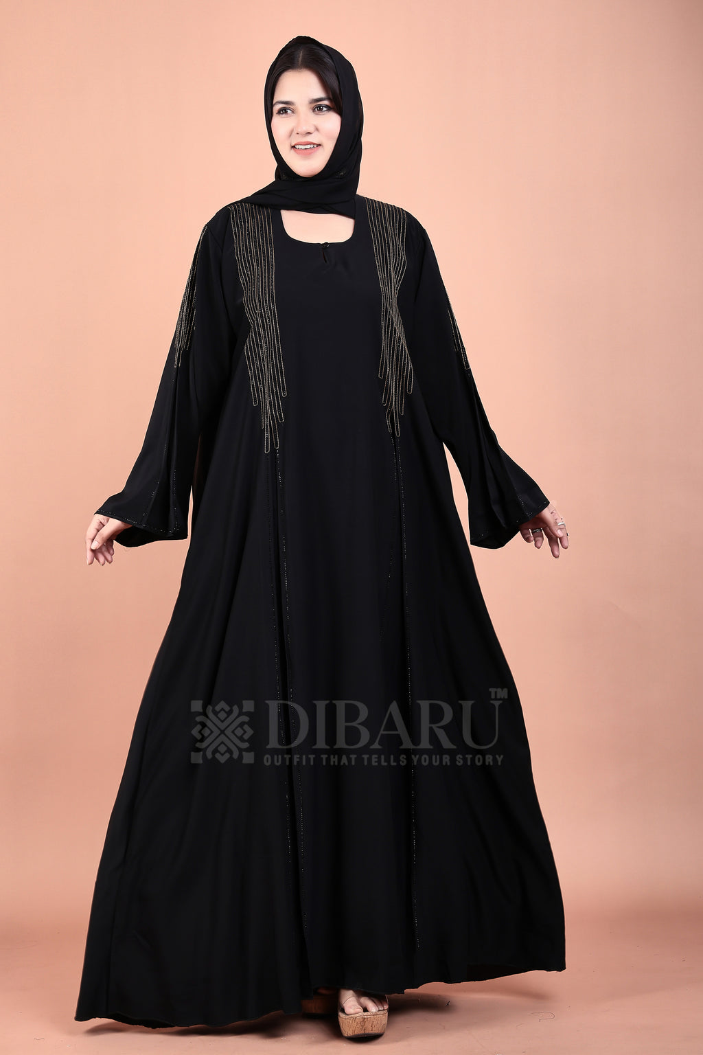 V Neck BK Thread Work Stone Design With Plazo Sleeves Made Up Of Imported Nida Fabric Full Lenght Designer Abaya For Womens And Girls