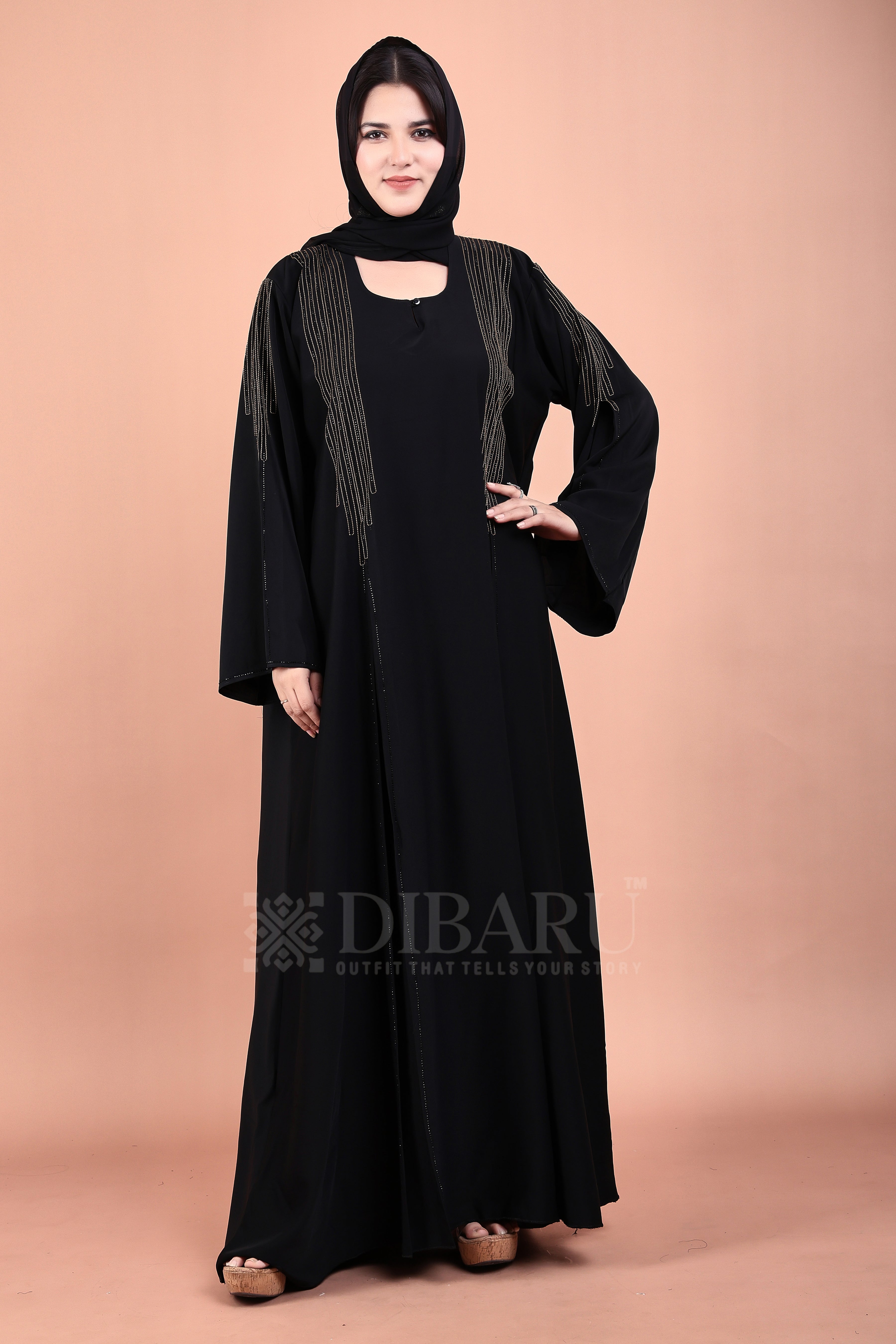 V Neck BK Thread Work Stone Design With Plazo Sleeves Made Up Of Imported Nida Fabric Full Lenght Designer Abaya For Womens And Girls