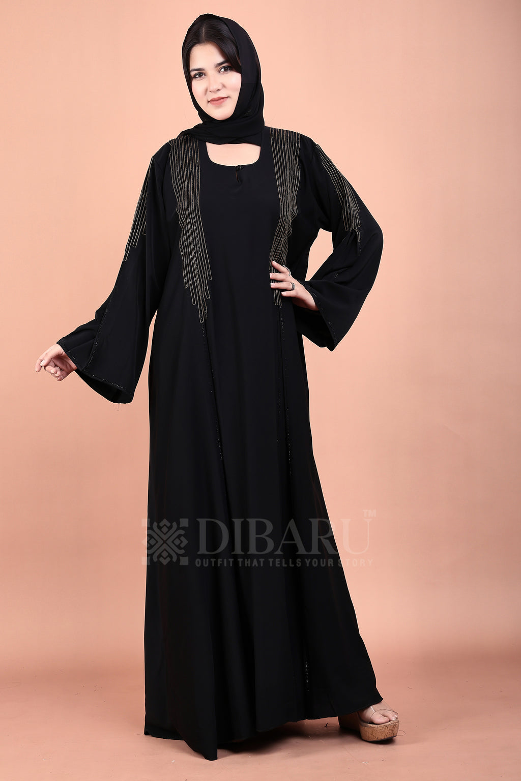 V Neck BK Thread Work Stone Design With Plazo Sleeves Made Up Of Imported Nida Fabric Full Lenght Designer Abaya For Womens And Girls