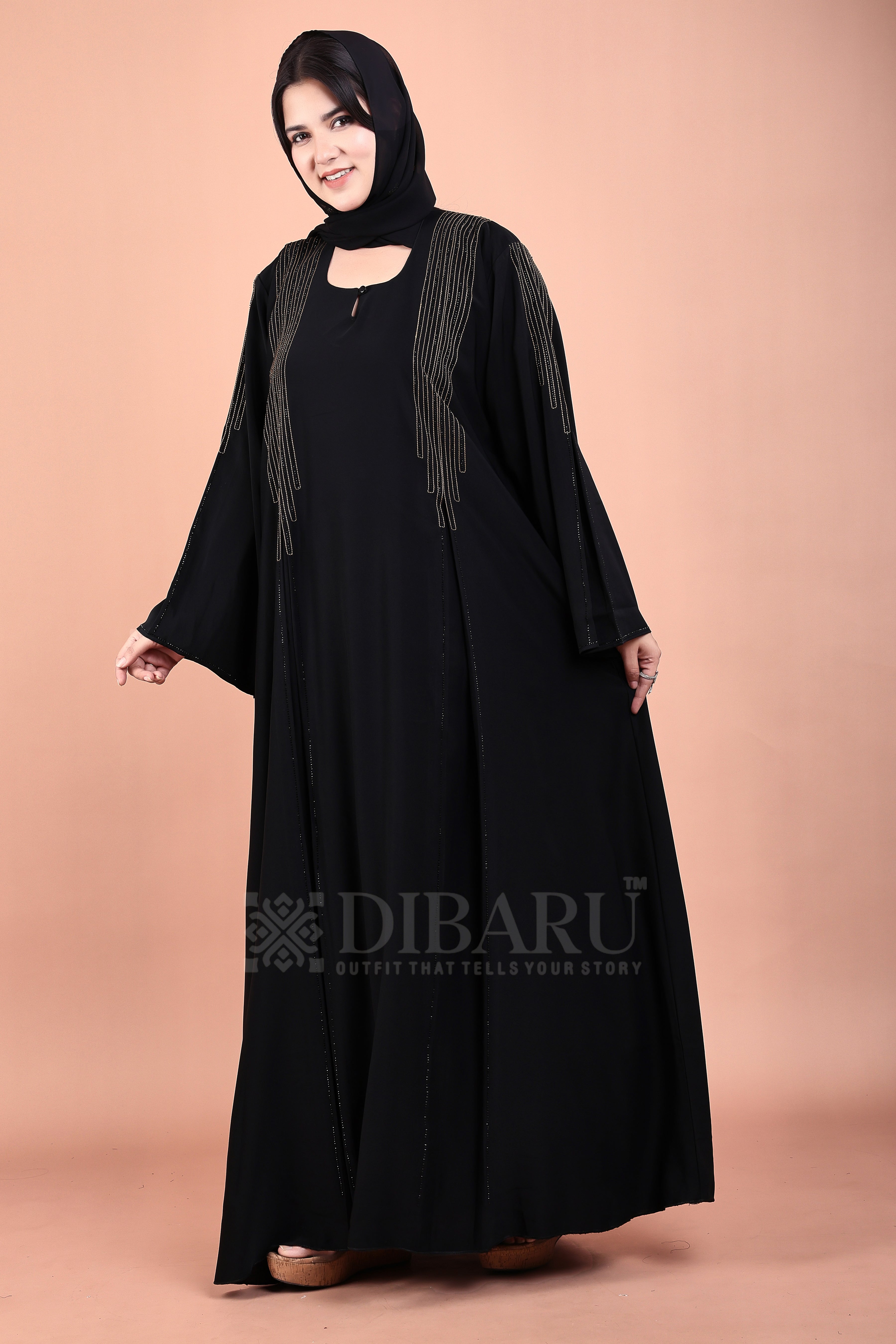 V Neck BK Thread Work Stone Design With Plazo Sleeves Made Up Of Imported Nida Fabric Full Lenght Designer Abaya For Womens And Girls