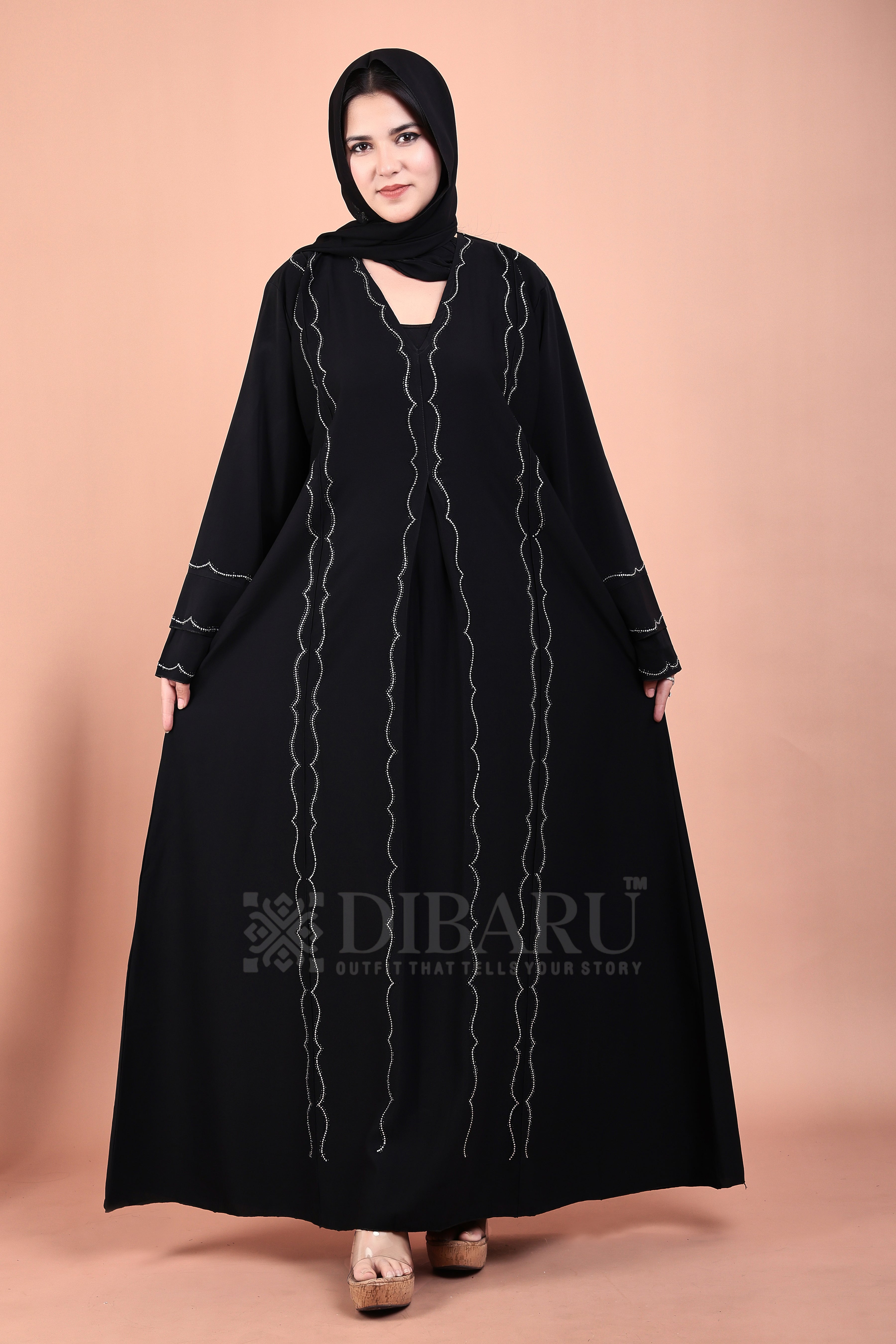 V Neck 3 Line Close Bracket Design With Plazo Sleeves Made Up Of Imported Nida Fabric Full Lenght Designer Abaya For Womens And Girls