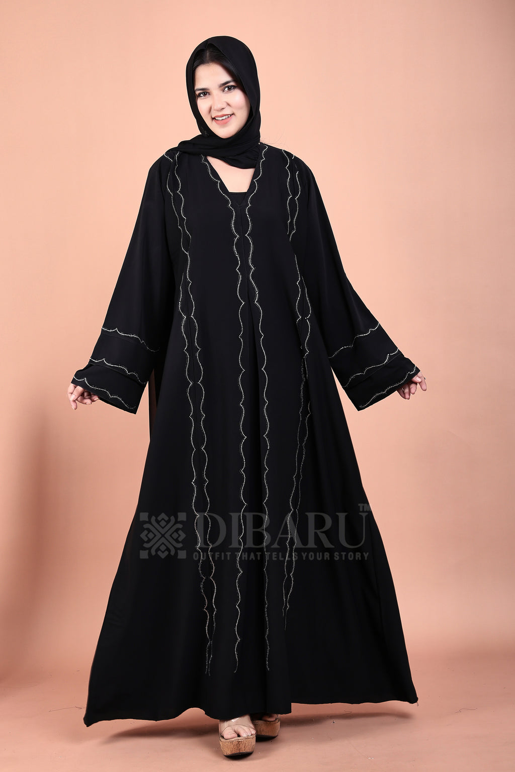 V Neck 3 Line Close Bracket Design With Plazo Sleeves Made Up Of Imported Nida Fabric Full Lenght Designer Abaya For Womens And Girls