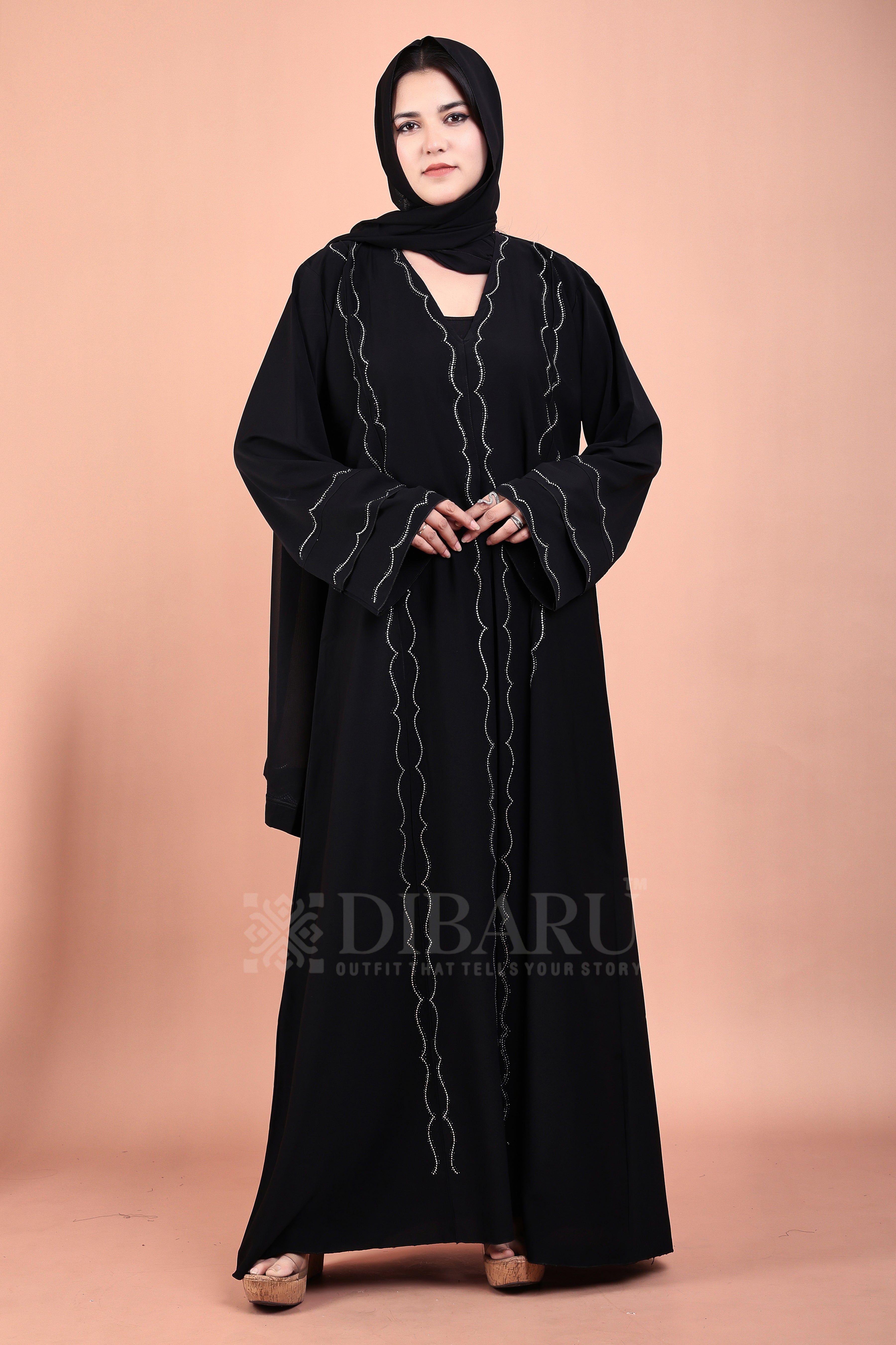 V Neck 3 Line Close Bracket Design With Plazo Sleeves Made Up Of Imported Nida Fabric Full Lenght Designer Abaya For Womens And Girls
