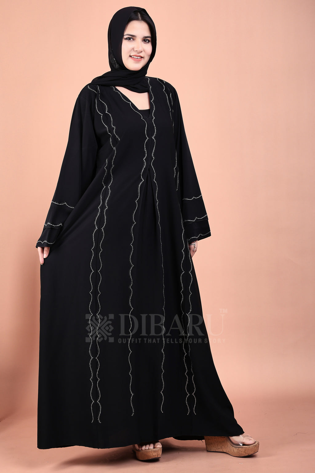 V Neck 3 Line Close Bracket Design With Plazo Sleeves Made Up Of Imported Nida Fabric Full Lenght Designer Abaya For Womens And Girls