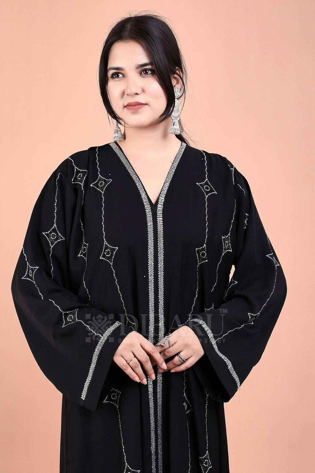 V Neck Double Die Diamond Silver And Black Stone With Plazo Sleeves Made Up Of Imported Nida Fabric Full Lenght Designer Abaya For Womens And Girls