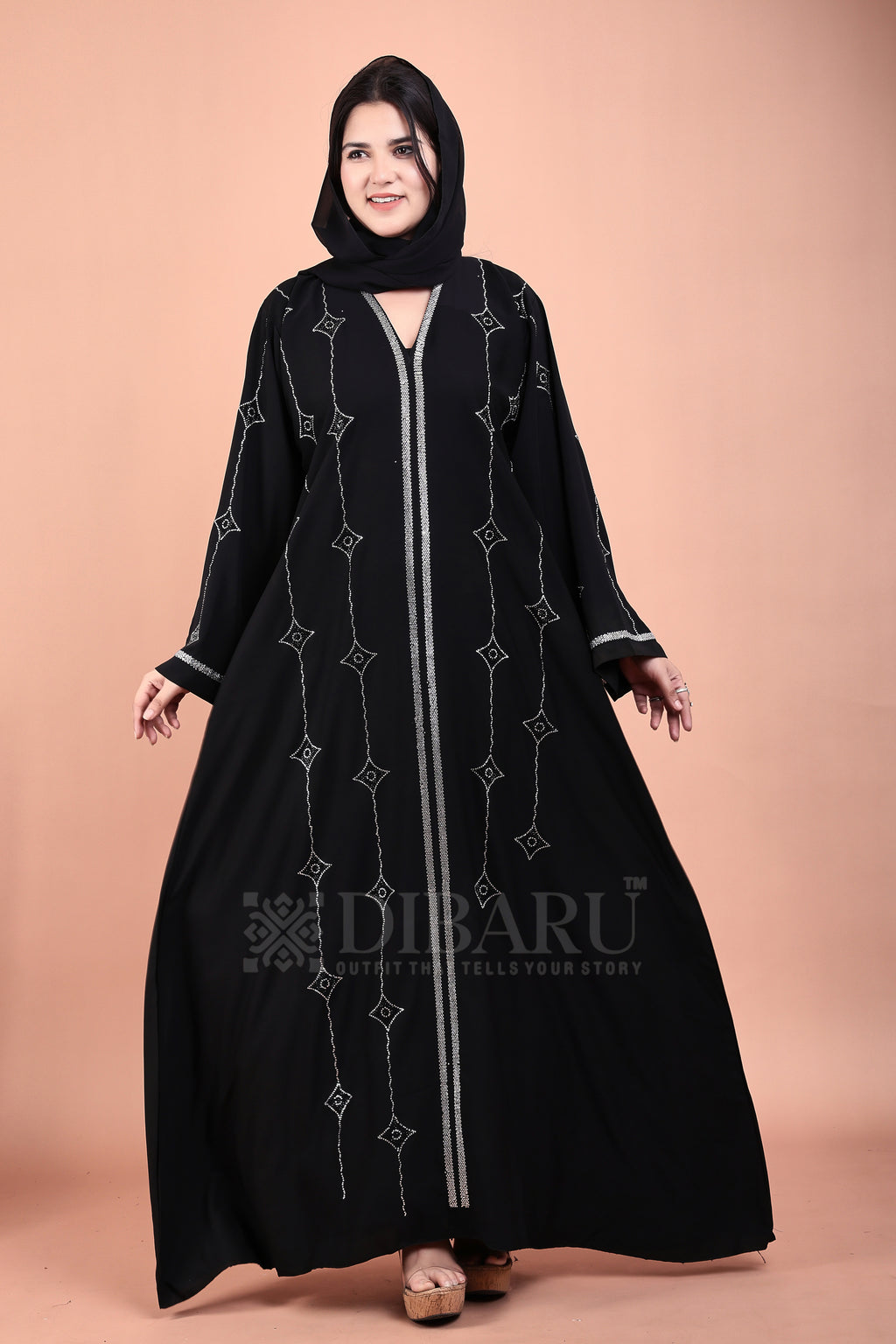 V Neck Double Die Diamond Silver And Black Stone With Plazo Sleeves Made Up Of Imported Nida Fabric Full Lenght Designer Abaya For Womens And Girls