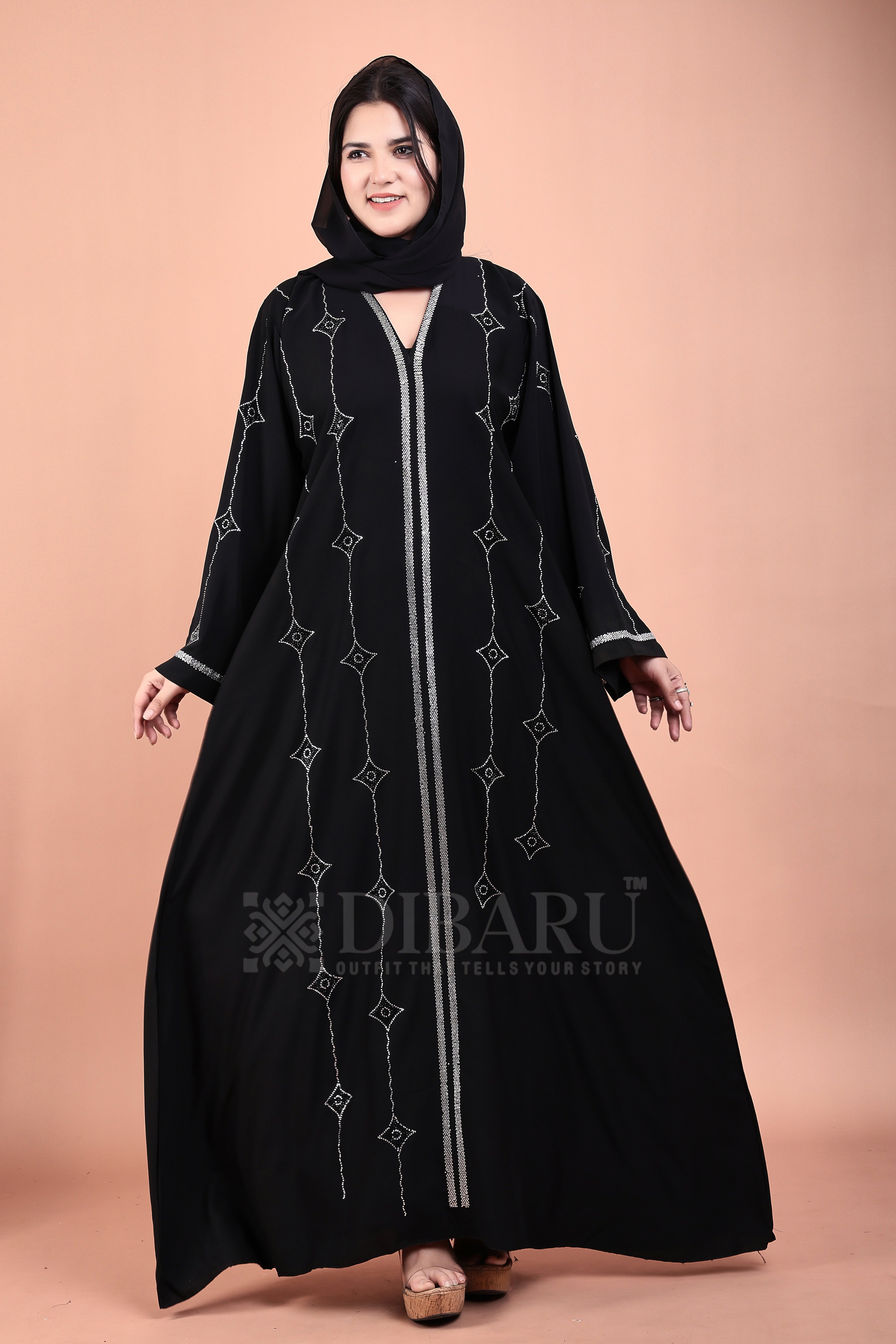 V Neck Double Die Diamond Silver And Black Stone With Plazo Sleeves Made Up Of Imported Nida Fabric Full Lenght Designer Abaya For Womens And Girls