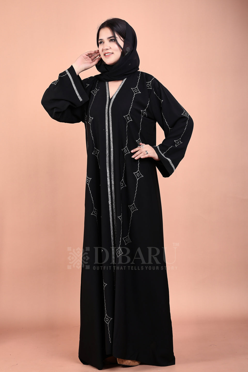 V Neck Double Die Diamond Silver And Black Stone With Plazo Sleeves Made Up Of Imported Nida Fabric Full Lenght Designer Abaya For Womens And Girls