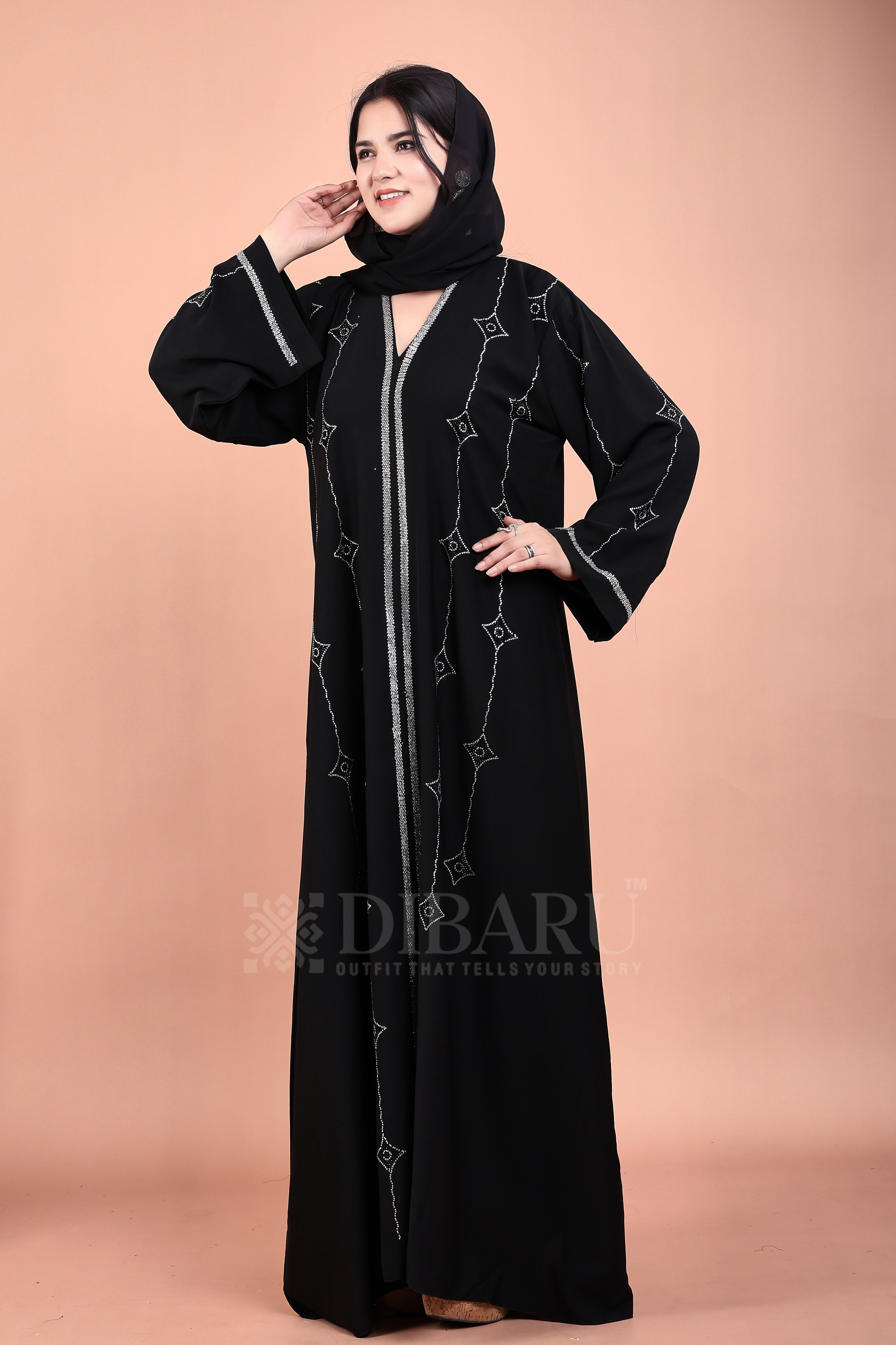 V Neck Double Die Diamond Silver And Black Stone With Plazo Sleeves Made Up Of Imported Nida Fabric Full Lenght Designer Abaya For Womens And Girls