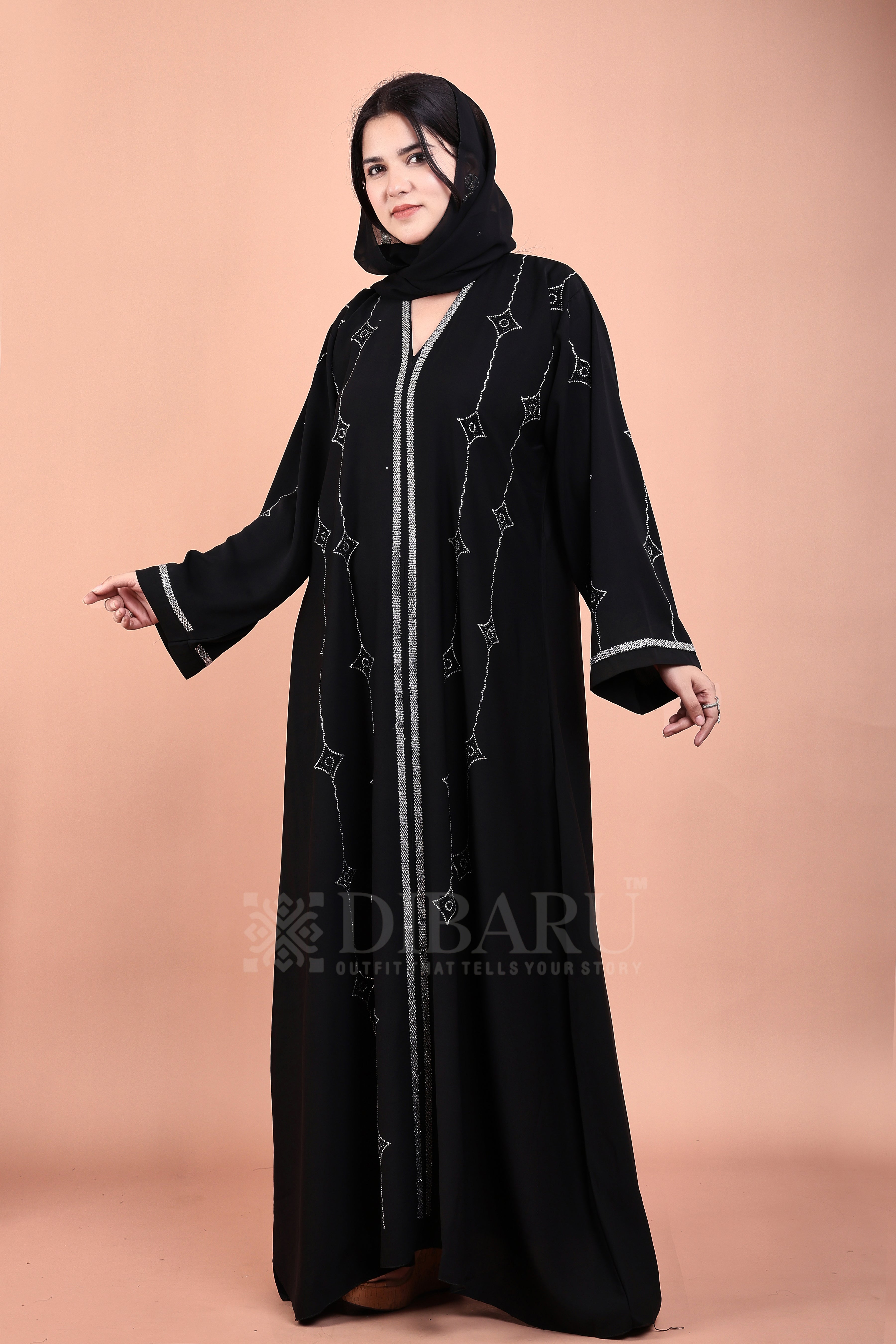 V Neck Double Die Diamond Silver And Black Stone With Plazo Sleeves Made Up Of Imported Nida Fabric Full Lenght Designer Abaya For Womens And Girls
