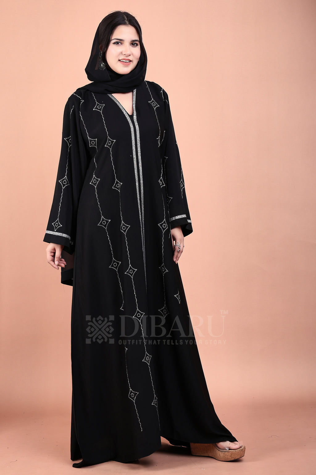 V Neck Double Die Diamond Silver And Black Stone With Plazo Sleeves Made Up Of Imported Nida Fabric Full Lenght Designer Abaya For Womens And Girls