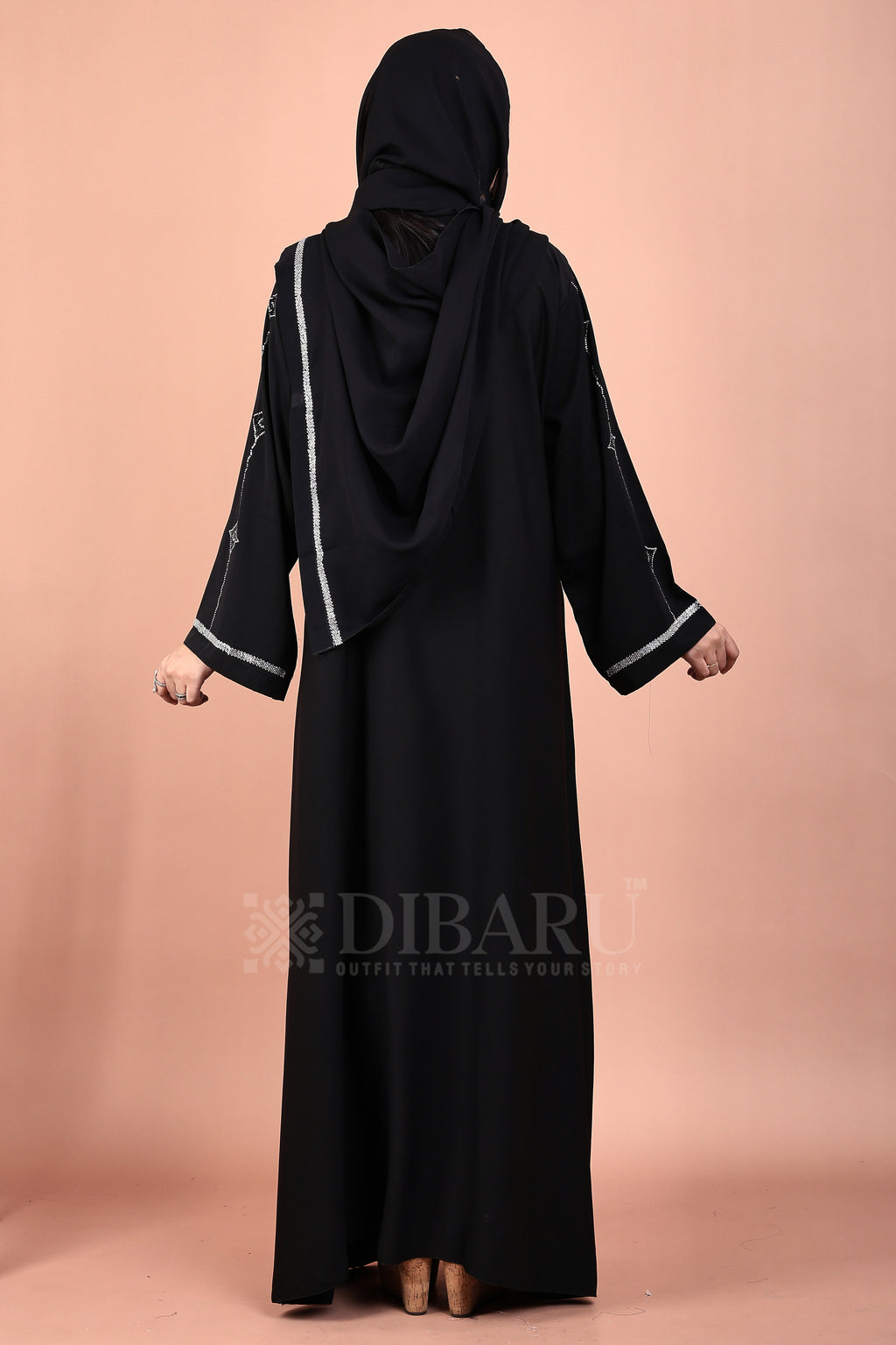 V Neck Double Die Diamond Silver And Black Stone With Plazo Sleeves Made Up Of Imported Nida Fabric Full Lenght Designer Abaya For Womens And Girls