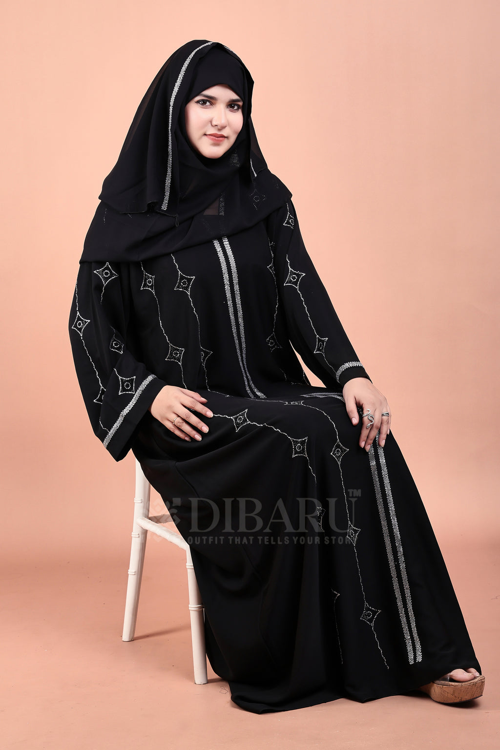 V Neck Double Die Diamond Silver And Black Stone With Plazo Sleeves Made Up Of Imported Nida Fabric Full Lenght Designer Abaya For Womens And Girls