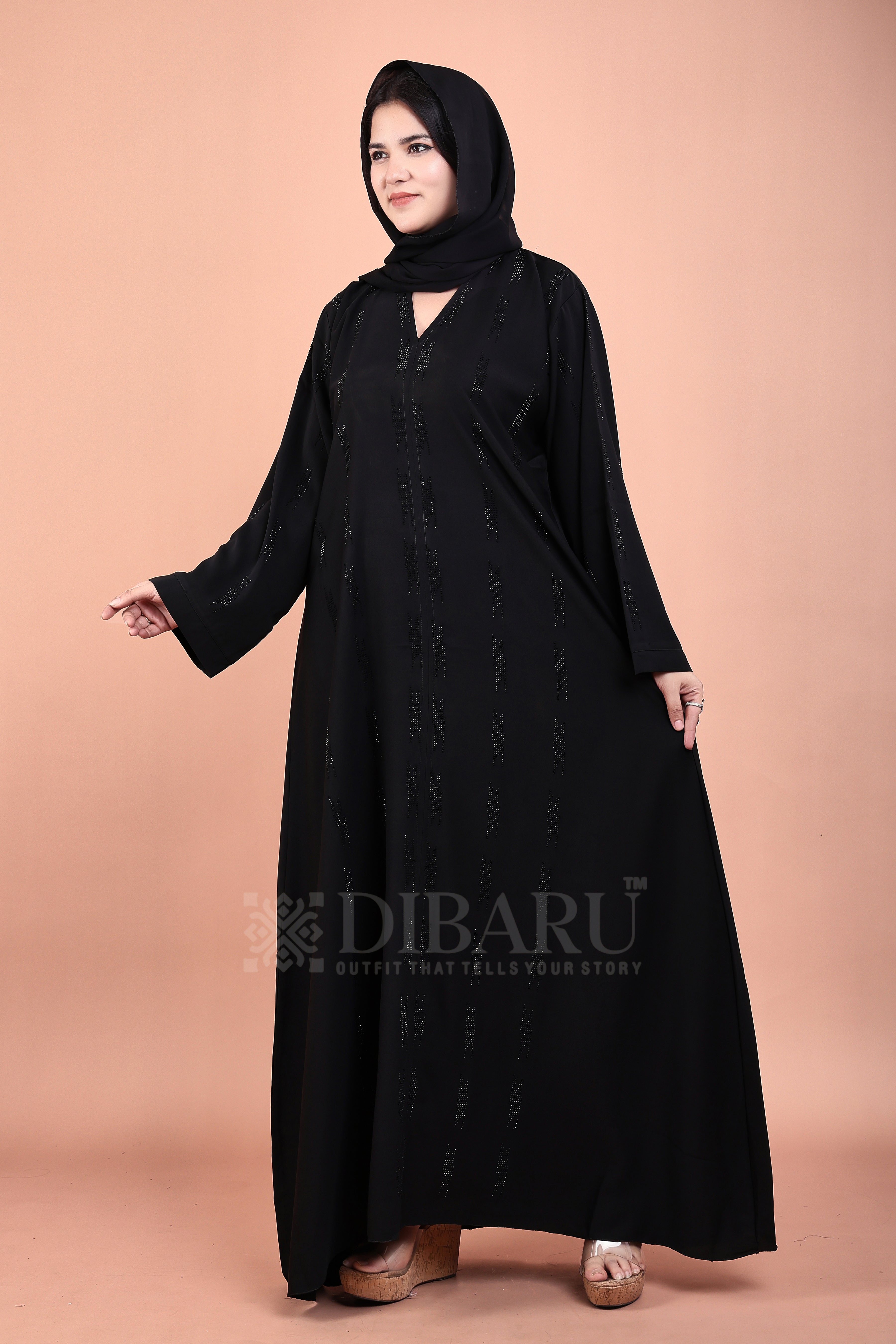 V Neck Chhota Bada Boota With Plazo Sleeves Made Up Of Imported Nida Fabric Full Lenght Designer Abaya For Womens And Girls