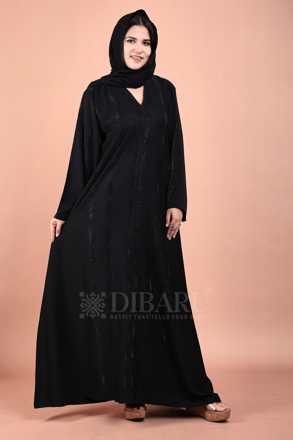 V Neck Chhota Bada Boota With Plazo Sleeves Made Up Of Imported Nida Fabric Full Lenght Designer Abaya For Womens And Girls