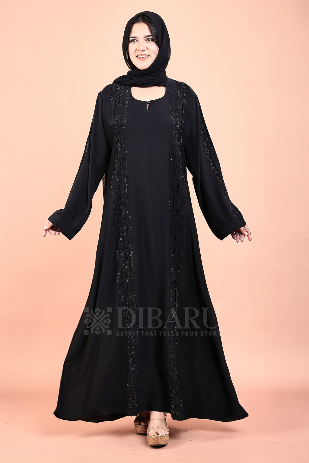 Round Neck 3 Wave Pintex and Leaf Pattern With Plazo Sleeves Made Up Of Imported Nida Fabric Full Lenght Designer Abaya For Womens And Girls