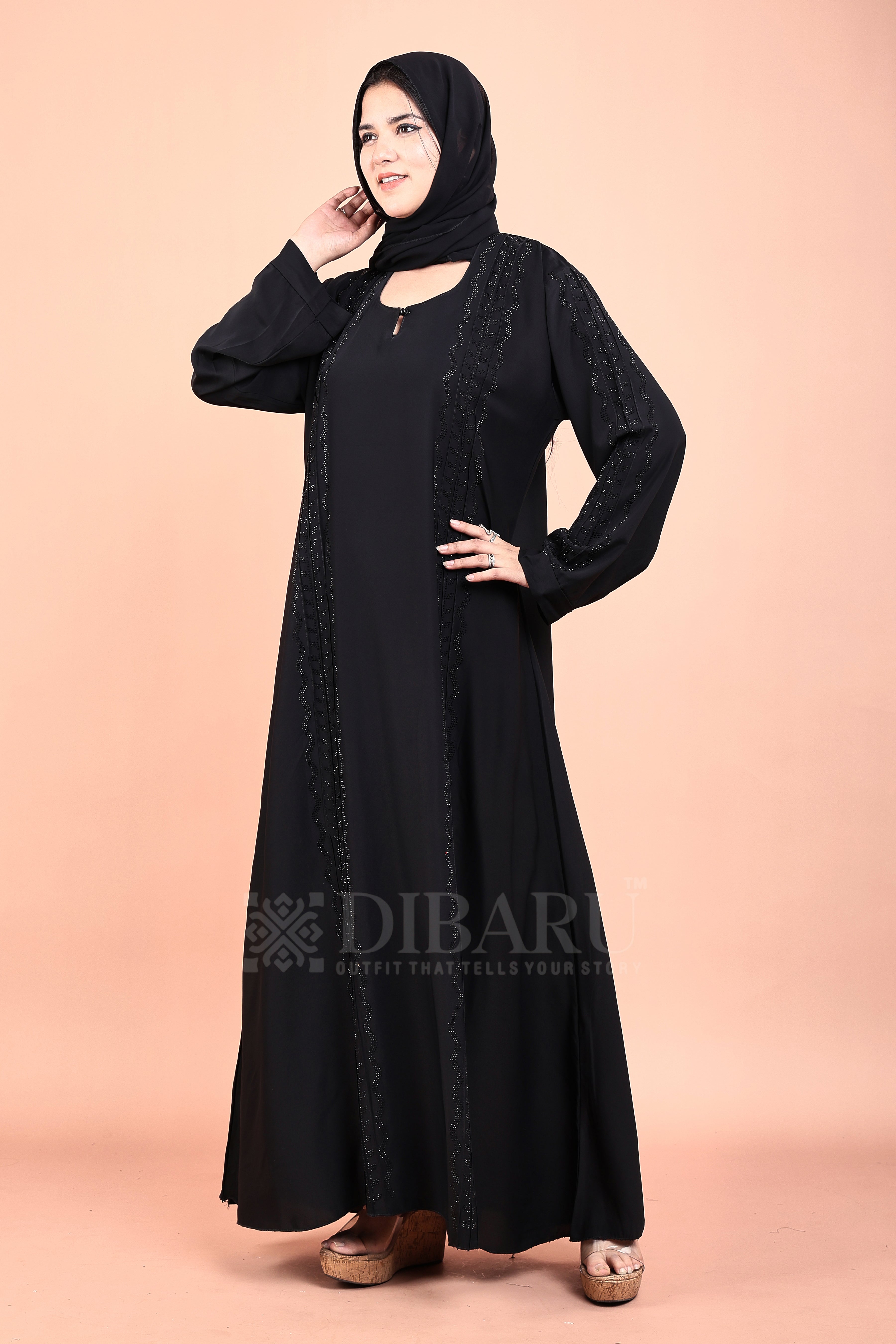 Round Neck 3 Wave Pintex and Leaf Pattern With Plazo Sleeves Made Up Of Imported Nida Fabric Full Lenght Designer Abaya For Womens And Girls