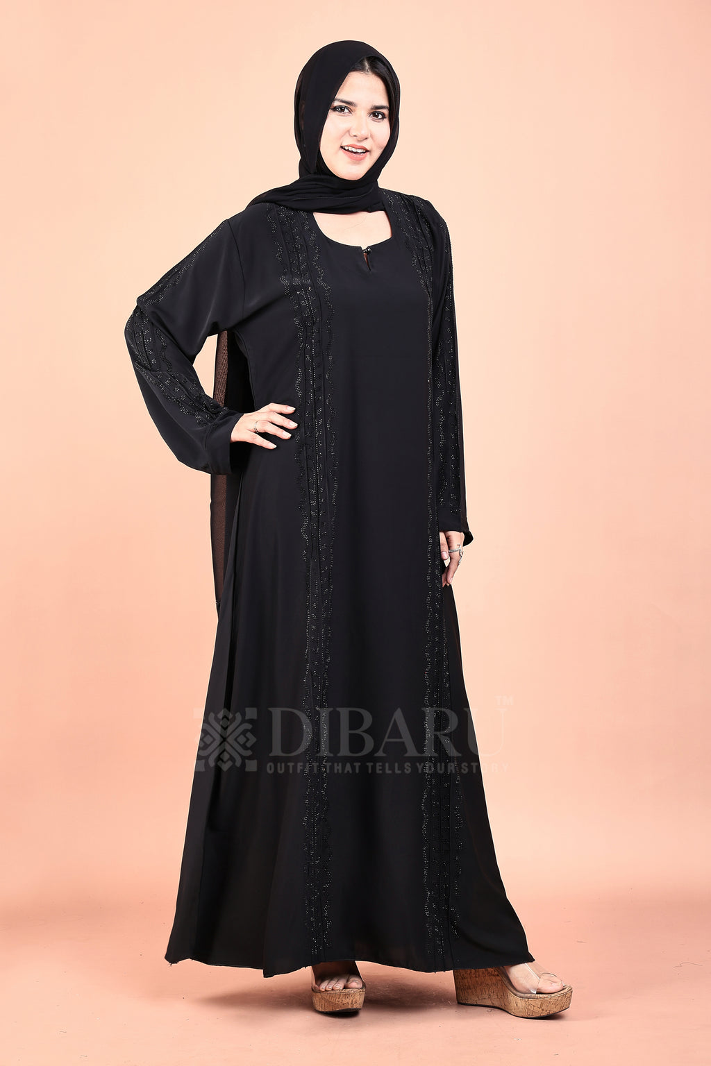 Round Neck 3 Wave Pintex and Leaf Pattern With Plazo Sleeves Made Up Of Imported Nida Fabric Full Lenght Designer Abaya For Womens And Girls