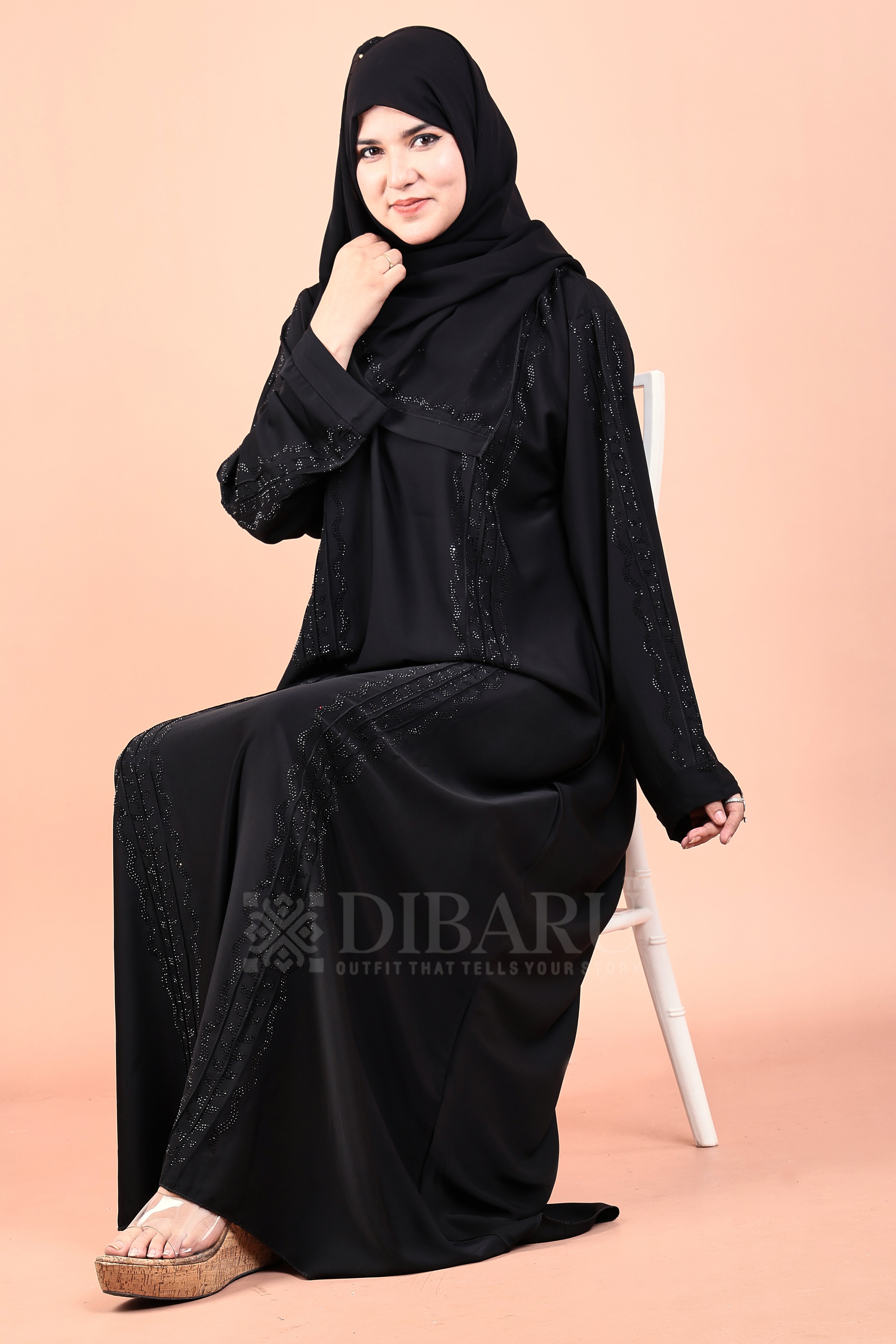 Round Neck 3 Wave Pintex and Leaf Pattern With Plazo Sleeves Made Up Of Imported Nida Fabric Full Lenght Designer Abaya For Womens And Girls