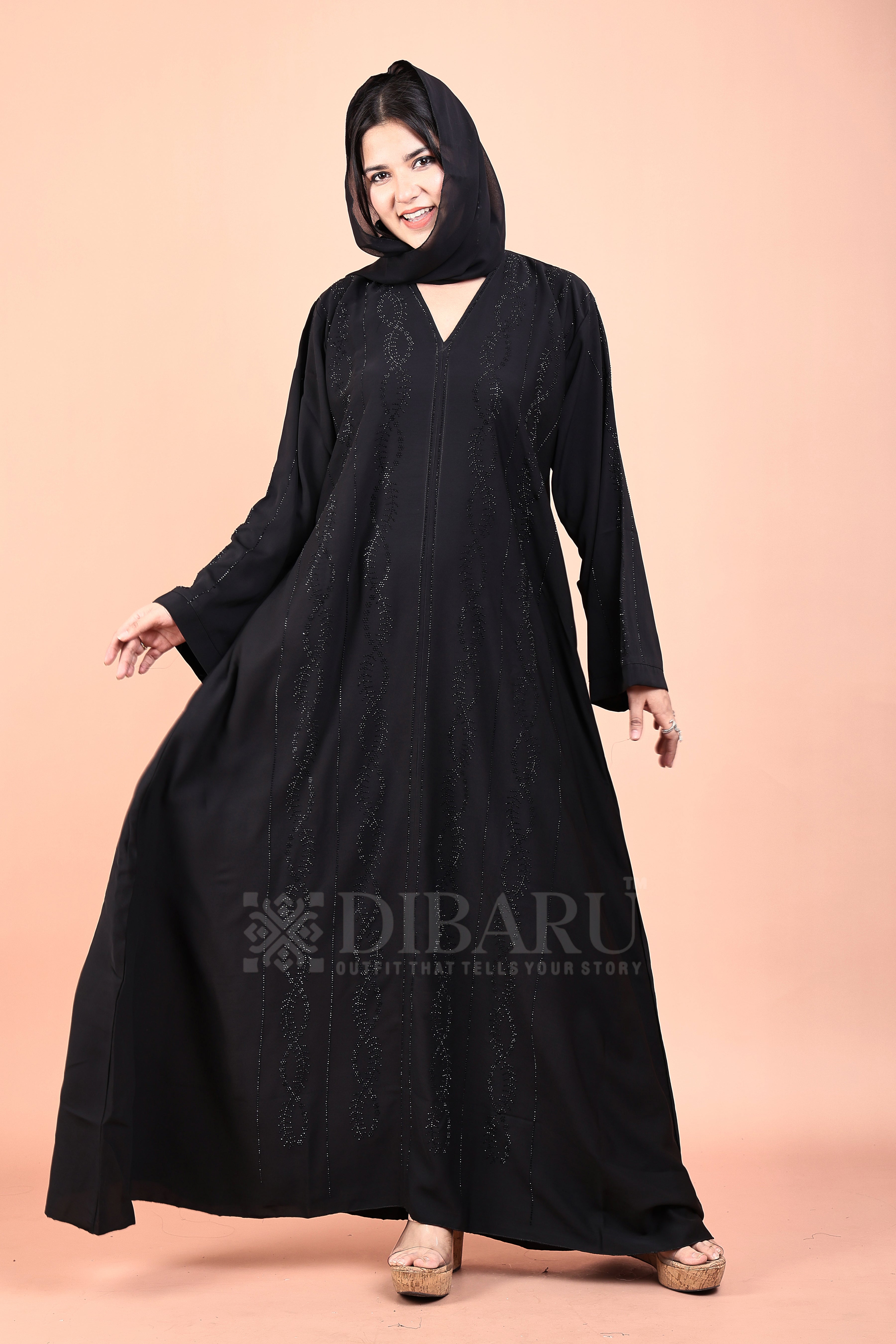 V Neck 4 Line Helical Stone Design With Plazo Sleeves Made Up Of Imported Nida Fabric Full Lenght Designer Abaya For Womens And Girls
