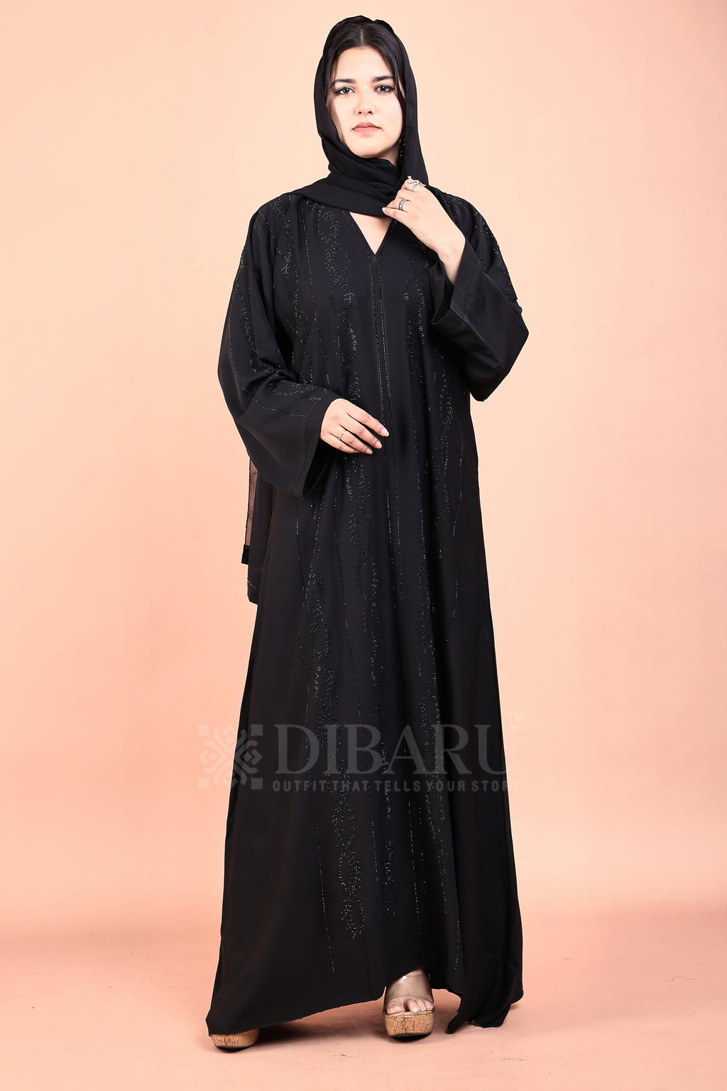 V Neck 4 Line Helical Stone Design With Plazo Sleeves Made Up Of Imported Nida Fabric Full Lenght Designer Abaya For Womens And Girls