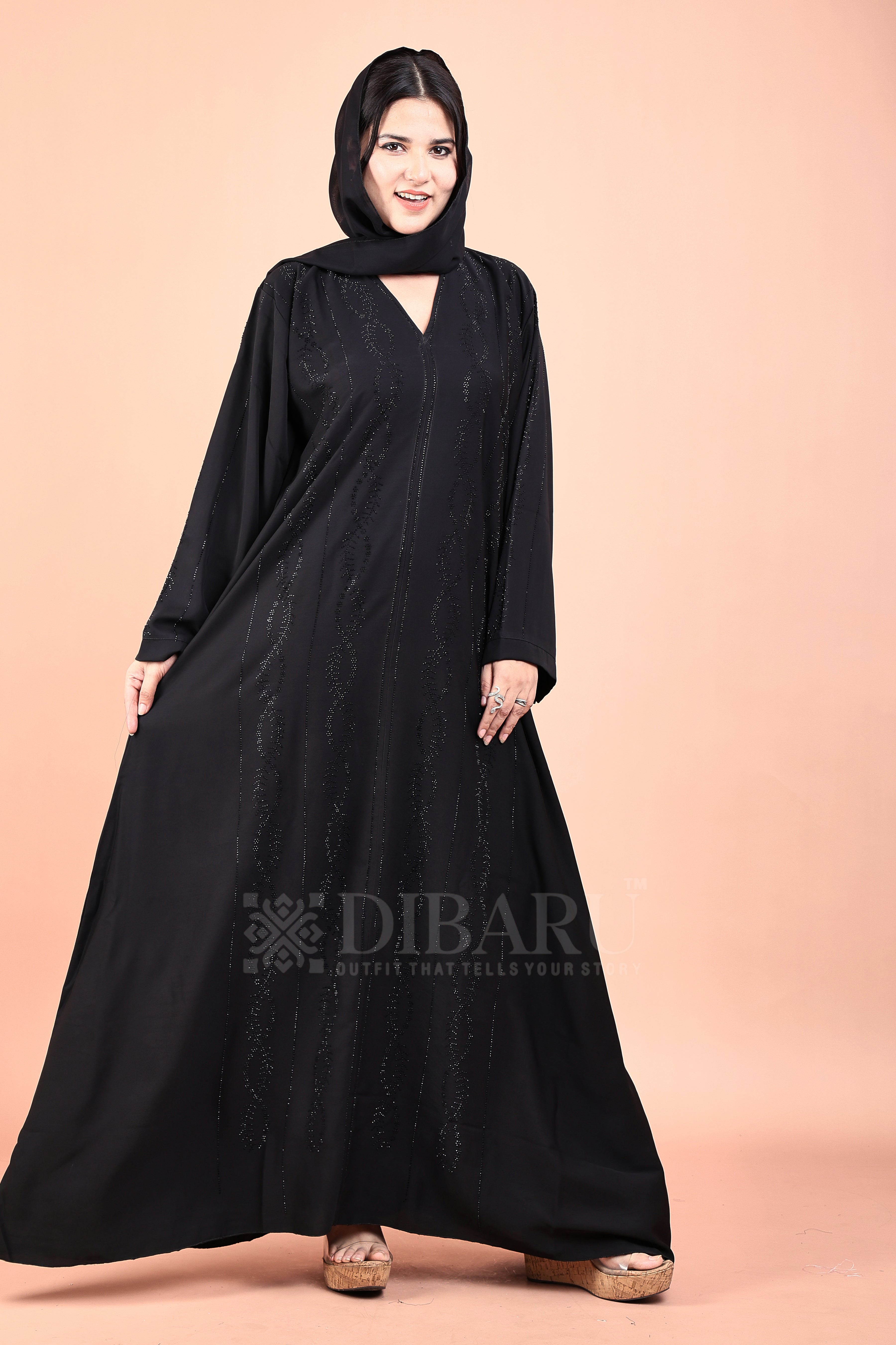 V Neck 4 Line Helical Stone Design With Plazo Sleeves Made Up Of Imported Nida Fabric Full Lenght Designer Abaya For Womens And Girls