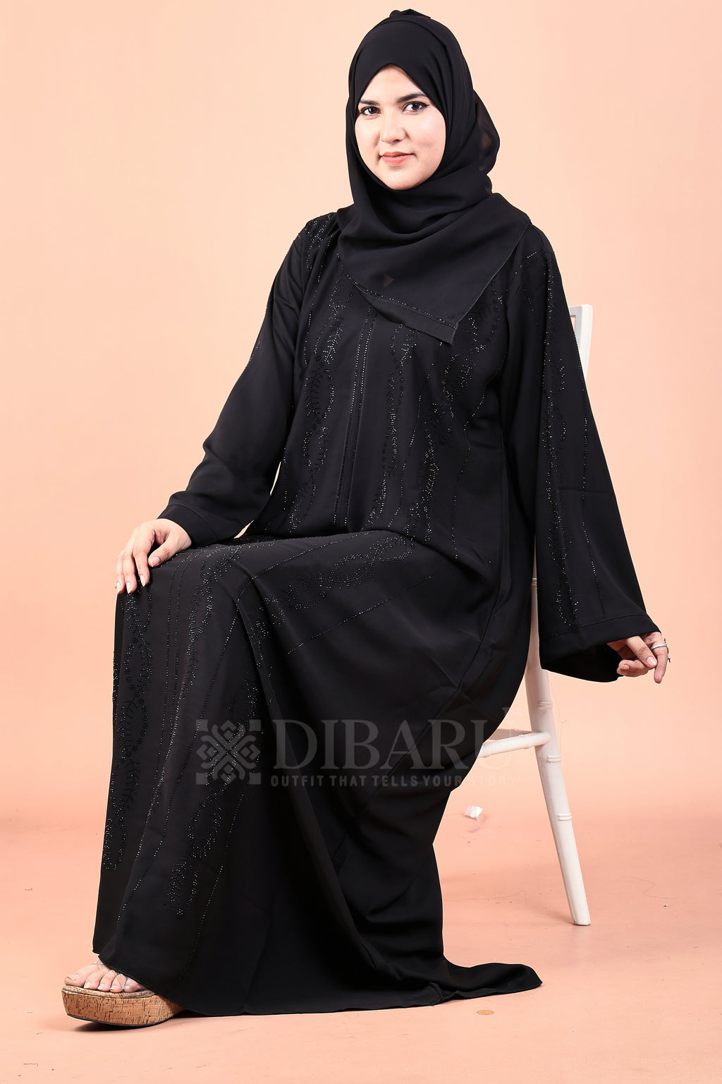 V Neck 4 Line Helical Stone Design With Plazo Sleeves Made Up Of Imported Nida Fabric Full Lenght Designer Abaya For Womens And Girls