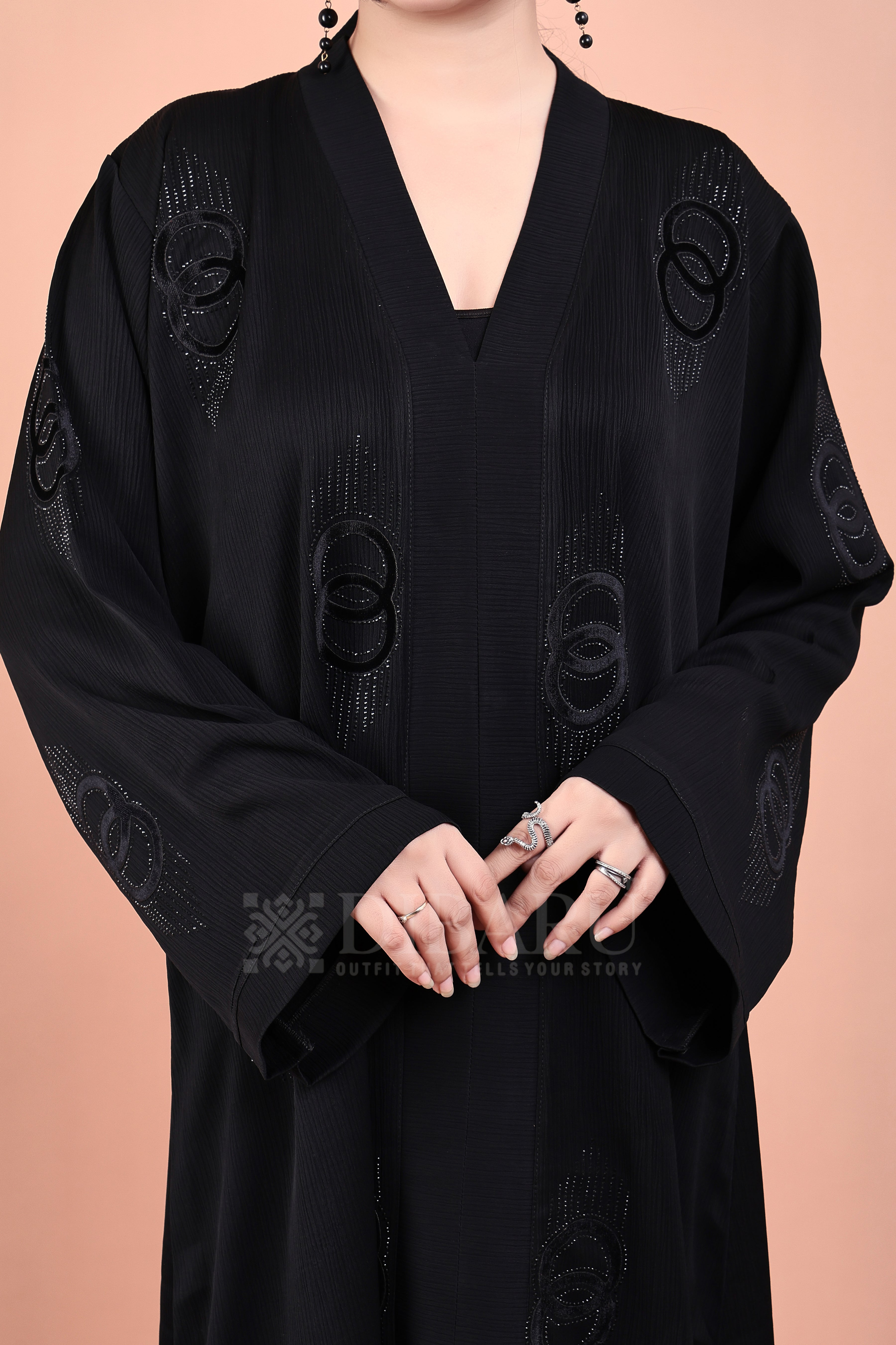 V Neck Double Ring Stone Design With Plazo Sleeves Made Up Of Imported Zoom Fabric Full Lenght Designer Abaya For Womens And Girls