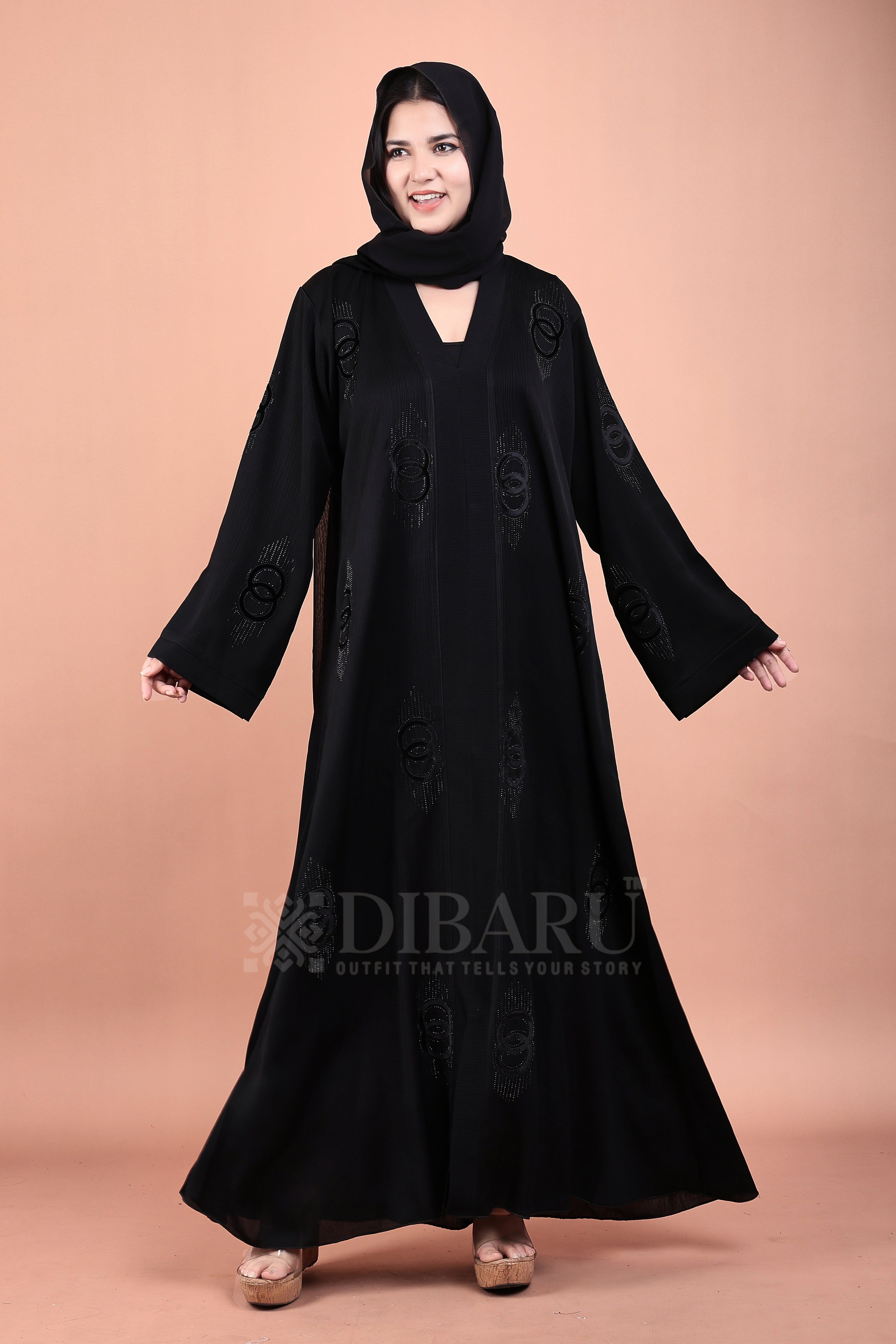 V Neck Double Ring Stone Design With Plazo Sleeves Made Up Of Imported Zoom Fabric Full Lenght Designer Abaya For Womens And Girls