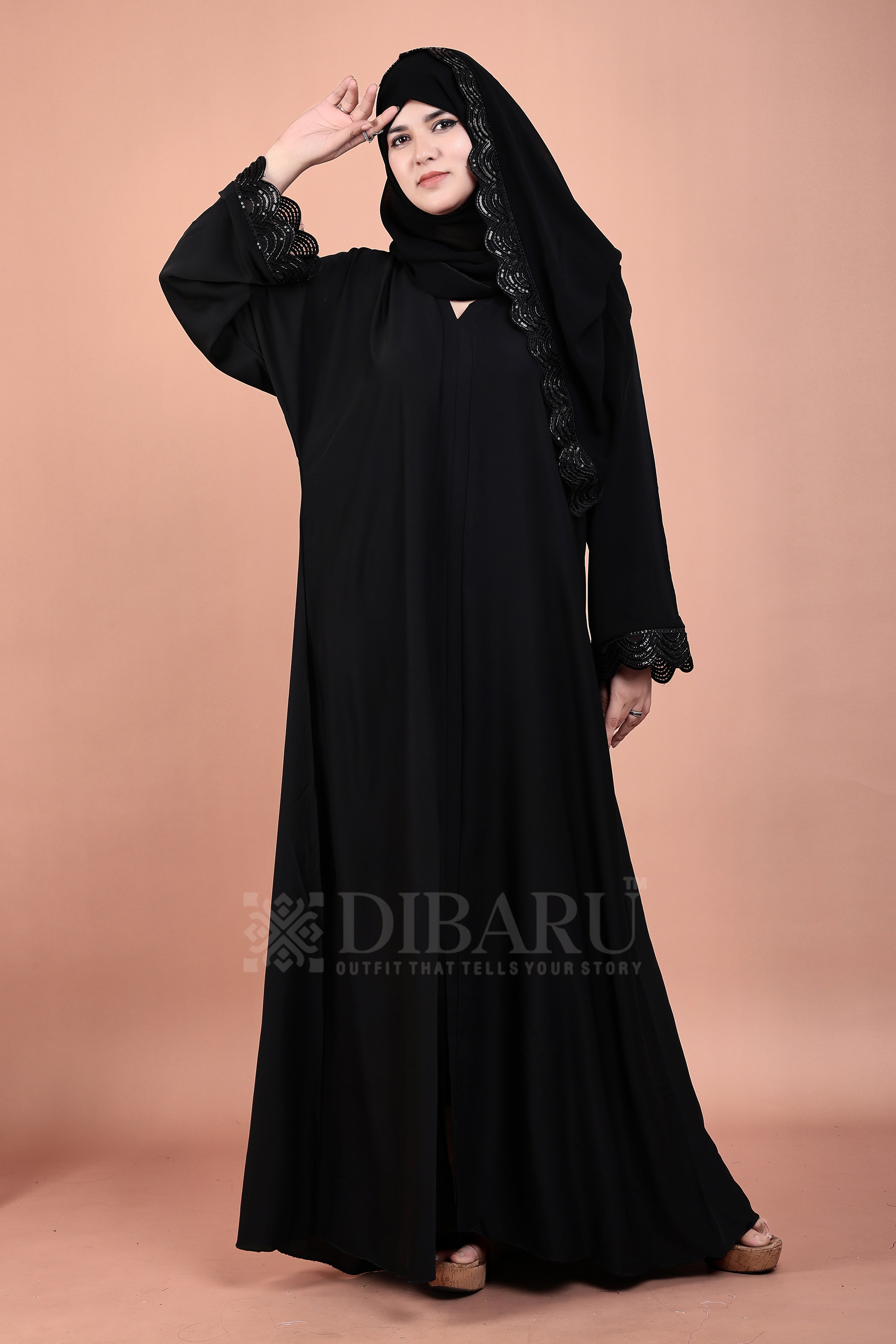 V Neck Halfwave net Handwork Design With Plazo Sleeves Made Up Of Imported Nida Fabric Full Lenght Designer Abaya For Womens And Girls