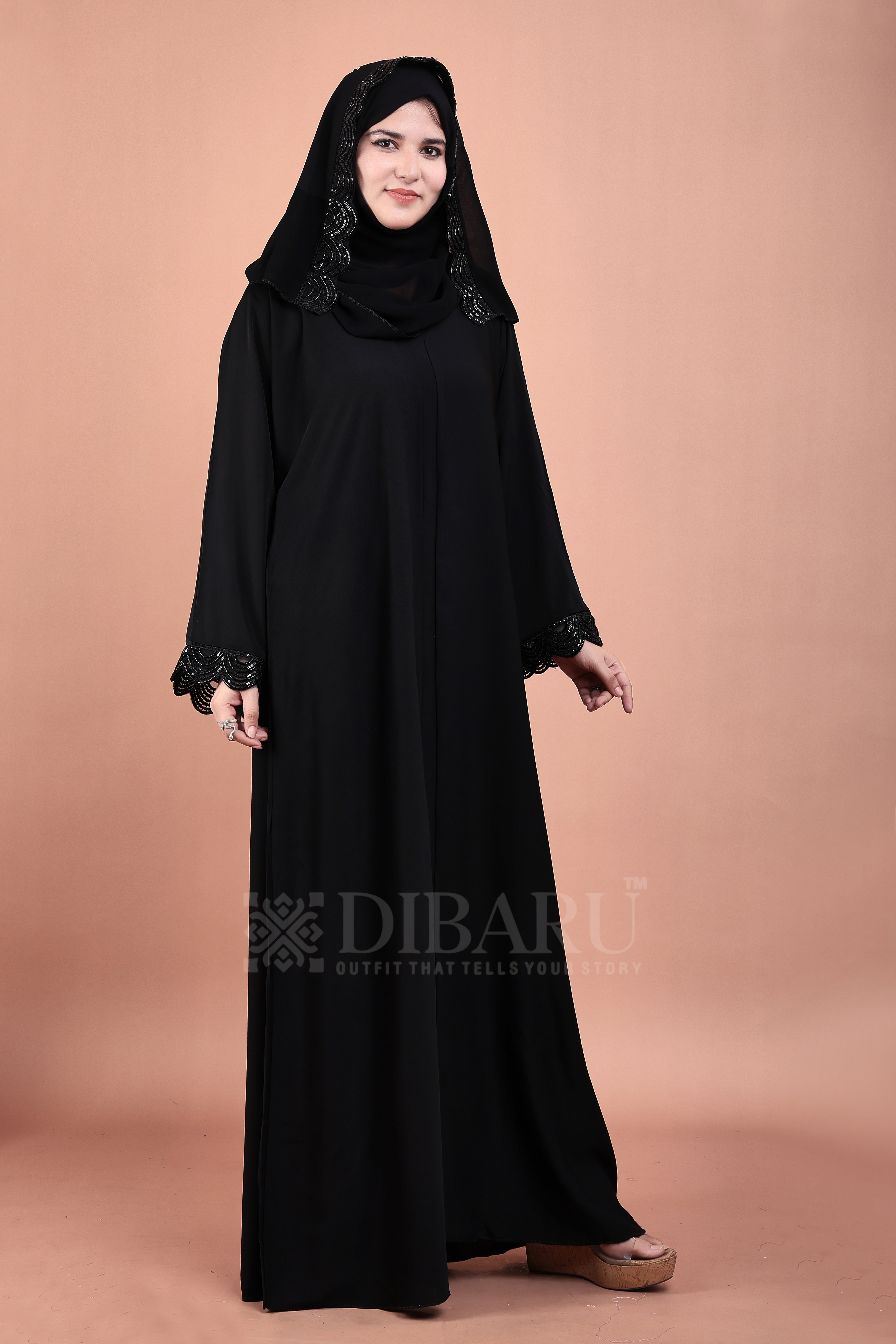 V Neck Halfwave net Handwork Design With Plazo Sleeves Made Up Of Imported Nida Fabric Full Lenght Designer Abaya For Womens And Girls
