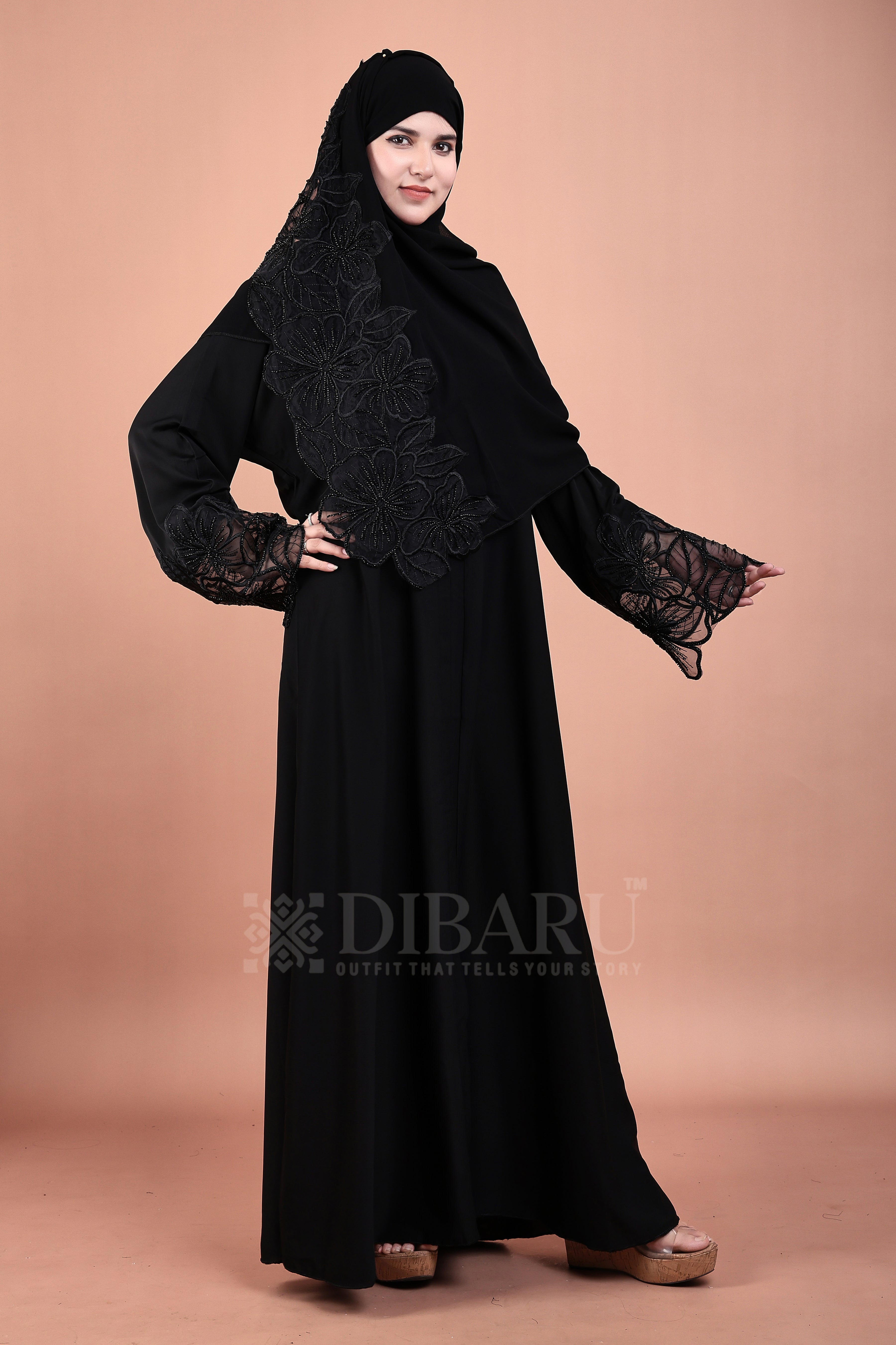 V Neck Net Big Flowe Design With Plazo Sleeves Made Up Of Imported Nida Fabric Full Lenght Designer Abaya For Womens And Girls