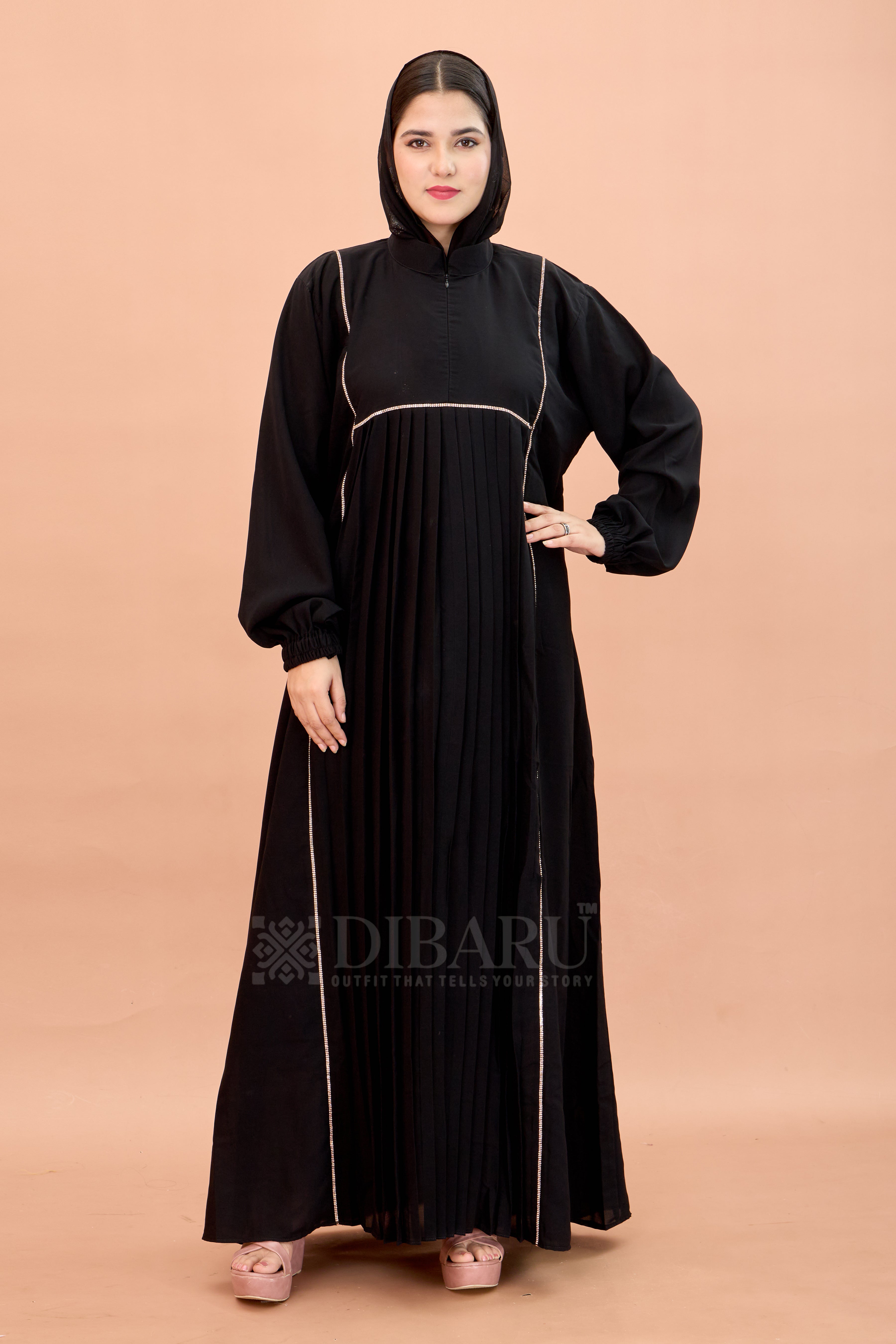 Round Collar Neck Peti Pleating And Stonework with Elastic Sleeve Made Up Of Imported Nida Fabric Full Lenght Designer Aabya For Womens And Girls