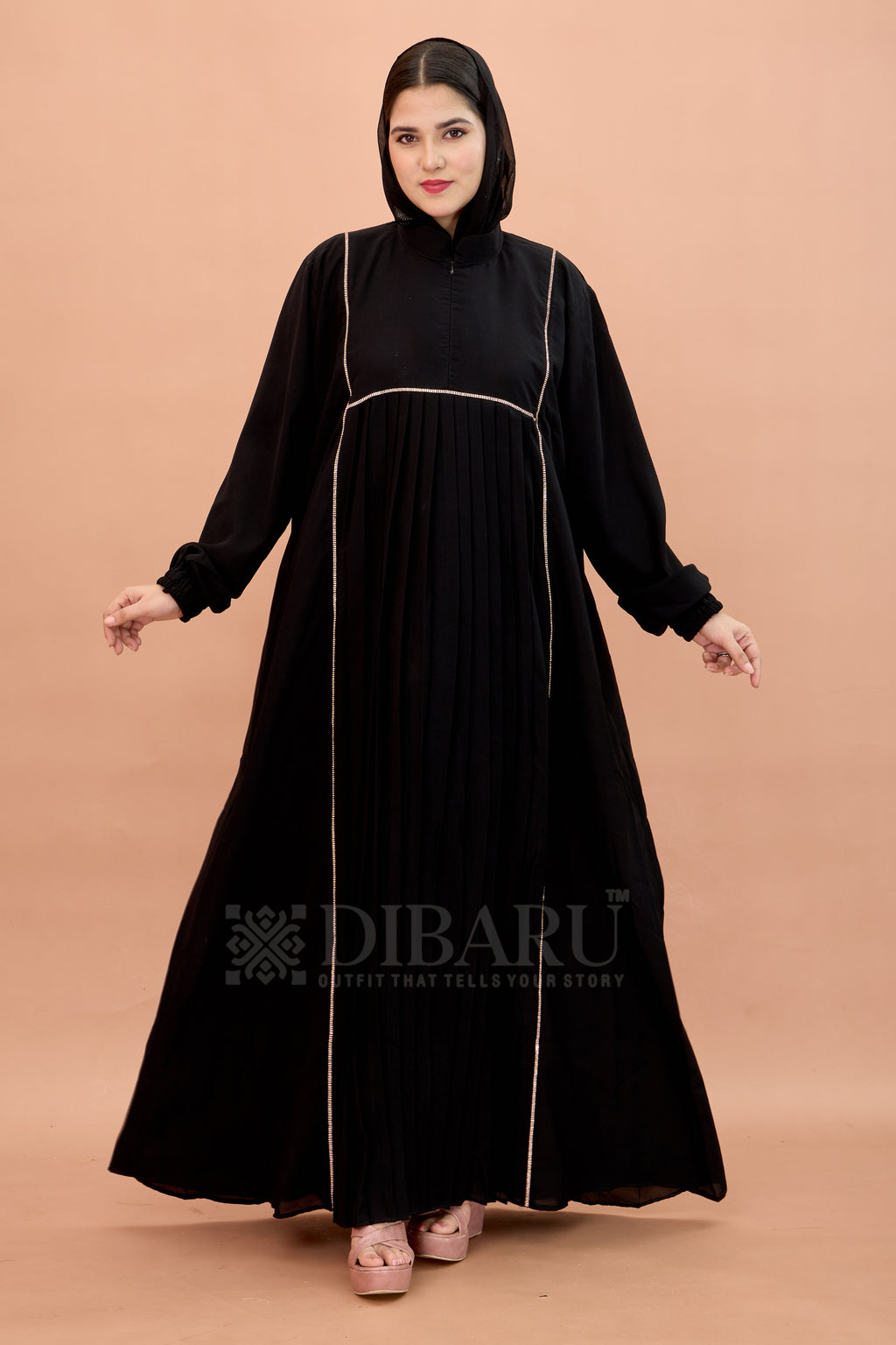 Round Collar Neck Peti Pleating And Stonework with Elastic Sleeve Made Up Of Imported Nida Fabric Full Lenght Designer Aabya For Womens And Girls