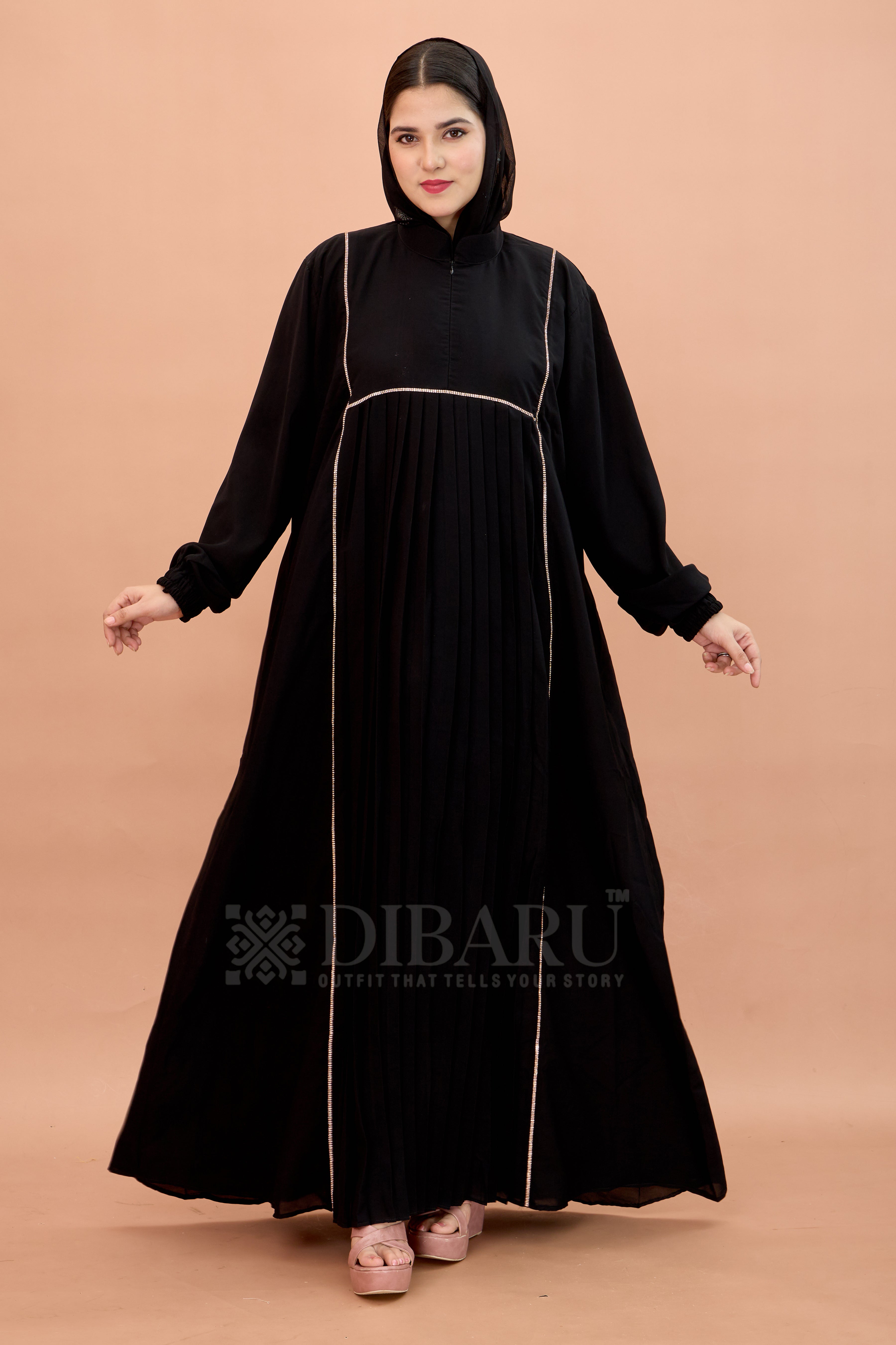 Round Collar Neck Peti Pleating And Stonework with Elastic Sleeve Made Up Of Imported Nida Fabric Full Lenght Designer Aabya For Womens And Girls