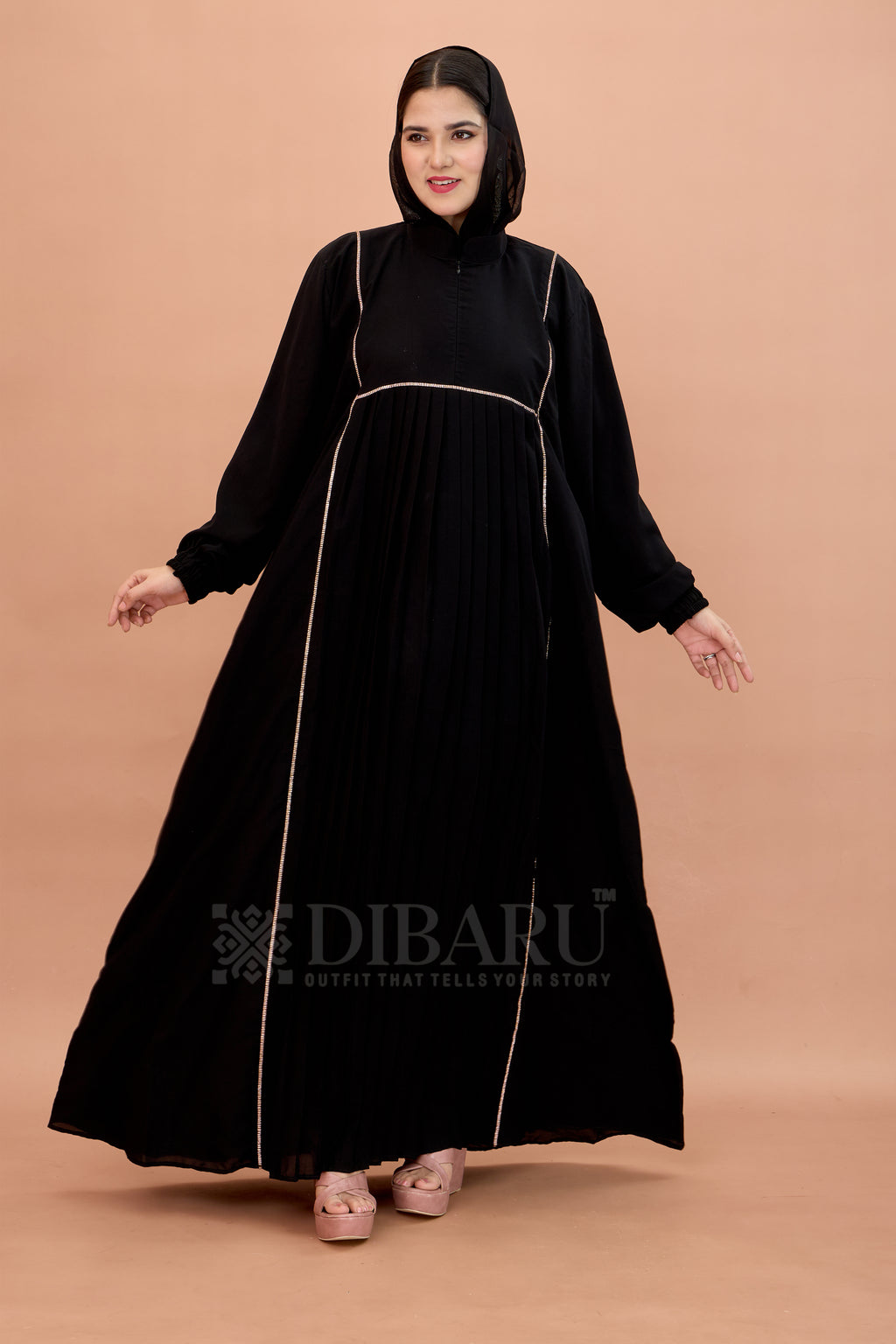 Round Collar Neck Peti Pleating And Stonework with Elastic Sleeve Made Up Of Imported Nida Fabric Full Lenght Designer Aabya For Womens And Girls