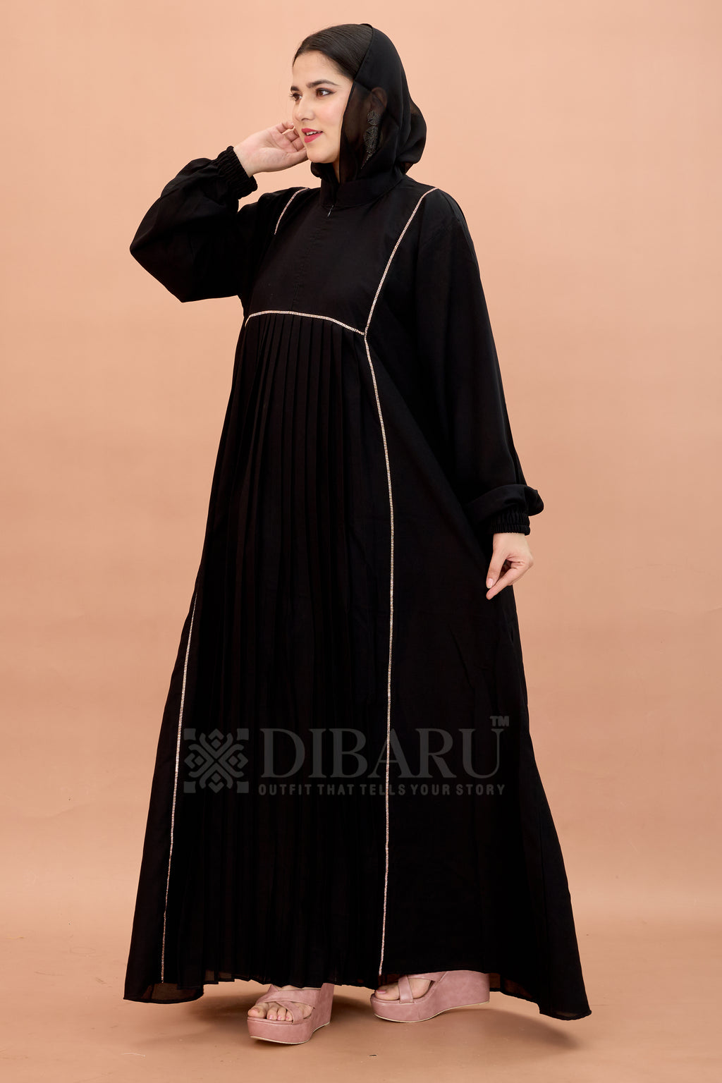 Round Collar Neck Peti Pleating And Stonework with Elastic Sleeve Made Up Of Imported Nida Fabric Full Lenght Designer Aabya For Womens And Girls