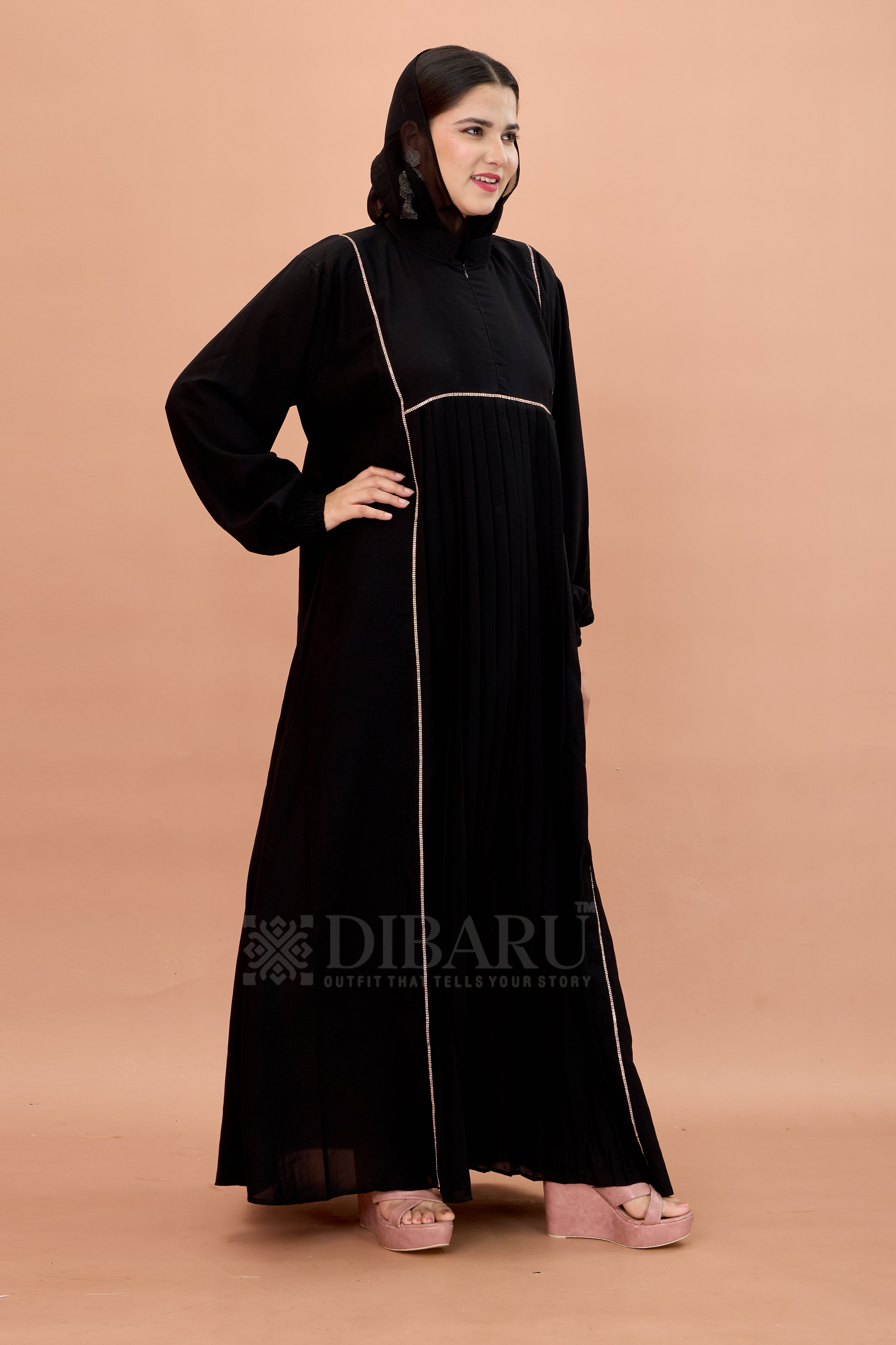 Round Collar Neck Peti Pleating And Stonework with Elastic Sleeve Made Up Of Imported Nida Fabric Full Lenght Designer Aabya For Womens And Girls